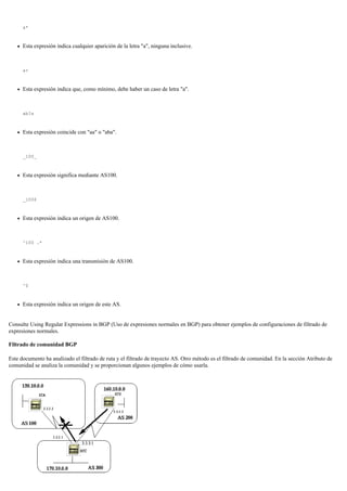 a*
Esta expresión indica cualquier aparición de la letra "a", ninguna inclusive.
a+
Esta expresión indica que, como mínimo, debe haber un caso de letra "a".
ab?a
Esta expresión coincide con "aa" o "aba".
_100_
Esta expresión significa mediante AS100.
_100$
Esta expresión indica un origen de AS100.
^100 .*
Esta expresión indica una transmisión de AS100.
^$
Esta expresión indica un origen de este AS.
Consulte Using Regular Expressions in BGP (Uso de expresiones normales en BGP) para obtener ejemplos de configuraciones de filtrado de
expresiones normales.
Filtrado de comunidad BGP
Este documento ha analizado el filtrado de ruta y el filtrado de trayecto AS. Otro método es el filtrado de comunidad. En la sección Atributo de
comunidad se analiza la comunidad y se proporcionan algunos ejemplos de cómo usarla.
 