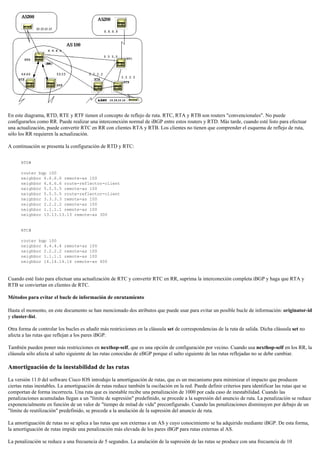 En este diagrama, RTD, RTE y RTF tienen el concepto de reflejo de ruta. RTC, RTA y RTB son routers "convencionales". No puede
configurarlos como RR. Puede realizar una interconexión normal de iBGP entre estos routers y RTD. Más tarde, cuando esté listo para efectuar
una actualización, puede convertir RTC en RR con clientes RTA y RTB. Los clientes no tienen que comprender el esquema de reflejo de ruta,
sólo los RR requieren la actualización.
A continuación se presenta la configuración de RTD y RTC:
RTD#
router bgp 100
neighbor 6.6.6.6 remote-as 100
neighbor 6.6.6.6 route-reflector-client
neighbor 5.5.5.5 remote-as 100
neighbor 5.5.5.5 route-reflector-client
neighbor 3.3.3.3 remote-as 100
neighbor 2.2.2.2 remote-as 100
neighbor 1.1.1.1 remote-as 100
neighbor 13.13.13.13 remote-as 300
RTC#
router bgp 100
neighbor 4.4.4.4 remote-as 100
neighbor 2.2.2.2 remote-as 100
neighbor 1.1.1.1 remote-as 100
neighbor 14.14.14.14 remote-as 400
Cuando esté listo para efectuar una actualización de RTC y convertir RTC en RR, suprima la interconexión completa iBGP y haga que RTA y
RTB se conviertan en clientes de RTC.
Métodos para evitar el bucle de información de enrutamiento
Hasta el momento, en este documento se han mencionado dos atributos que puede usar para evitar un posible bucle de información: originator-id
y cluster-list.
Otra forma de controlar los bucles es añadir más restricciones en la cláusula set de correspondencias de la ruta de salida. Dicha cláusula set no
afecta a las rutas que reflejan a los pares iBGP.
También pueden poner más restricciones en nexthop-self, que es una opción de configuración por vecino. Cuando usa nexthop-self en los RR, la
cláusula sólo afecta al salto siguiente de las rutas conocidas de eBGP porque el salto siguiente de las rutas reflejadas no se debe cambiar.
Amortiguación de la inestabilidad de las rutas
La versión 11.0 del software Cisco IOS introdujo la amortiguación de rutas, que es un mecanismo para minimizar el impacto que producen
ciertas rutas inestables. La amortiguación de rutas reduce también la oscilación en la red. Puede definir criterios para identificar las rutas que se
comportan de forma incorrecta. Una ruta que es inestable recibe una penalización de 1000 por cada caso de inestabilidad. Cuando las
penalizaciones acumuladas llegan a un "límite de supresión" predefinido, se procede a la supresión del anuncio de ruta. La penalización se reduce
exponencialmente en función de un valor de "tiempo de mitad de vida" preconfigurado. Cuando las penalizaciones disminuyen por debajo de un
"límite de reutilización" predefinido, se procede a la anulación de la supresión del anuncio de ruta.
La amortiguación de rutas no se aplica a las rutas que son externas a un AS y cuyo conocimiento se ha adquirido mediante iBGP. De esta forma,
la amortiguación de rutas impide una penalización más elevada de los pares iBGP para rutas externas al AS.
La penalización se reduce a una frecuencia de 5 segundos. La anulación de la supresión de las rutas se produce con una frecuencia de 10
 