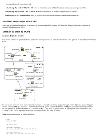 corresponden con la expresión normal.
clear ip bgp flap-statistics filter-list list : borra las estadísticas de inestabilidad para todos los trayectos que superan el filtro.
clear ip bgp flap-statistics A.B.C.D m.m.m.m : borra las estadísticas de inestabilidad para una única entrada.
clear ip bgp A.B.C.D flap-statistics: borra las estadísticas de inestabilidad para todos los trayectos de un vecino.
Selección de un trayecto por parte de BGP
Ahora que ya se ha familiarizado con los atributos y la terminología de BGP, consulte BGP Best Path Selection Algorithm (Algoritmo de
selección del mejor trayecto BGP).
Estudios de casos de BGP 5
Ejemplo de diseño práctico
Esta sección contiene un ejemplo de diseño que muestra la configuración y las tablas de enrutamiento como aparecen en realidad en los routers de
Cisco.
En esta sección se muestra cómo crear esta configuración paso a paso y los problemas que pueden surgir durante el proceso. Cuando tenga un
sistema autónomo (AS) que se conecta a dos ISP mediante eBGP, ejecute siempre iBGP dentro del AS para tener un mejor control de las rutas.
En este ejemplo, iBGP se ejecuta dentro de AS100 entre RTA y RTB, y OSPF se ejecuta como IGP. Supongamos que se conecta a dos ISP,
AS200 y AS300. Esta es la primera ejecución de las configuraciones para todos los routers:
Nota: estas configuraciones no son las definitivas.
RTA#
hostname RTA
ip subnet-zero
interface Loopback0
ip address 203.250.13.41 255.255.255.0
interface Ethernet0
ip address 203.250.14.1 255.255.255.0
 