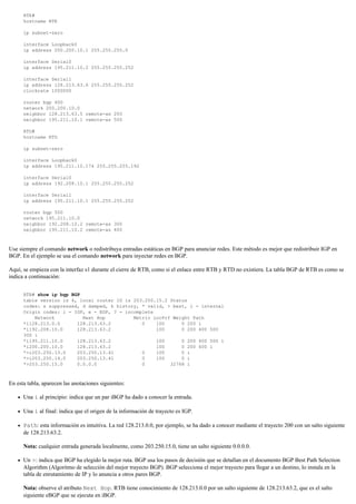RTE#
hostname RTE
ip subnet-zero
interface Loopback0
ip address 200.200.10.1 255.255.255.0
interface Serial0
ip address 195.211.10.2 255.255.255.252
interface Serial1
ip address 128.213.63.6 255.255.255.252
clockrate 1000000
router bgp 400
network 200.200.10.0
neighbor 128.213.63.5 remote-as 200
neighbor 195.211.10.1 remote-as 500
RTG#
hostname RTG
ip subnet-zero
interface Loopback0
ip address 195.211.10.174 255.255.255.192
interface Serial0
ip address 192.208.10.1 255.255.255.252
interface Serial1
ip address 195.211.10.1 255.255.255.252
router bgp 500
network 195.211.10.0
neighbor 192.208.10.2 remote-as 300
neighbor 195.211.10.2 remote-as 400
Use siempre el comando network o redistribuya entradas estáticas en BGP para anunciar redes. Este método es mejor que redistribuir IGP en
BGP. En el ejemplo se usa el comando network para inyectar redes en BGP.
Aquí, se empieza con la interfaz s1 durante el cierre de RTB, como si el enlace entre RTB y RTD no existiera. La tabla BGP de RTB es como se
indica a continuación:
RTB# show ip bgp BGP
table version is 4, local router ID is 203.250.15.2 Status
codes: s suppressed, d damped, h history, * valid, > best, i - internal
Origin codes: i - IGP, e - EGP, ? - incomplete
Network Next Hop Metric LocPrf Weight Path
*i128.213.0.0 128.213.63.2 0 100 0 200 i
*i192.208.10.0 128.213.63.2 100 0 200 400 500
300 i
*i195.211.10.0 128.213.63.2 100 0 200 400 500 i
*i200.200.10.0 128.213.63.2 100 0 200 400 i
*>i203.250.13.0 203.250.13.41 0 100 0 i
*>i203.250.14.0 203.250.13.41 0 100 0 i
*>203.250.15.0 0.0.0.0 0 32768 i
En esta tabla, aparecen las anotaciones siguientes:
Una i al principio: indica que un par iBGP ha dado a conocer la entrada.
Una i al final: indica que el origen de la información de trayecto es IGP.
Path: esta información es intuitiva. La red 128.213.0.0, por ejemplo, se ha dado a conocer mediante el trayecto 200 con un salto siguiente
de 128.213.63.2.
Nota: cualquier entrada generada localmente, como 203.250.15.0, tiene un salto siguiente 0.0.0.0.
Un >: indica que BGP ha elegido la mejor ruta. BGP usa los pasos de decisión que se detallan en el documento BGP Best Path Selection
Algorithm (Algoritmo de selección del mejor trayecto BGP). BGP selecciona el mejor trayecto para llegar a un destino, lo instala en la
tabla de enrutamiento de IP y lo anuncia a otros pares BGP.
Nota: observe el atributo Next Hop. RTB tiene conocimiento de 128.213.0.0 por un salto siguiente de 128.213.63.2, que es el salto
siguiente eBGP que se ejecuta en iBGP.
 