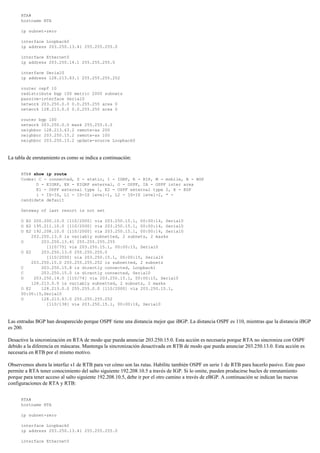 RTA#
hostname RTA
ip subnet-zero
interface Loopback0
ip address 203.250.13.41 255.255.255.0
interface Ethernet0
ip address 203.250.14.1 255.255.255.0
interface Serial0
ip address 128.213.63.1 255.255.255.252
router ospf 10
redistribute bgp 100 metric 2000 subnets
passive-interface Serial0
network 203.250.0.0 0.0.255.255 area 0
network 128.213.0.0 0.0.255.255 area 0
router bgp 100
network 203.250.0.0 mask 255.255.0.0
neighbor 128.213.63.2 remote-as 200
neighbor 203.250.15.2 remote-as 100
neighbor 203.250.15.2 update-source Loopback0
La tabla de enrutamiento es como se indica a continuación:
RTB# show ip route
Codes: C - connected, S - static, I - IGRP, R - RIP, M - mobile, B - BGP
D - EIGRP, EX - EIGRP external, O - OSPF, IA - OSPF inter area
E1 - OSPF external type 1, E2 - OSPF external type 2, E - EGP
i - IS-IS, L1 - IS-IS level-1, L2 - IS-IS level-2, * -
candidate default
Gateway of last resort is not set
O E2 200.200.10.0 [110/2000] via 203.250.15.1, 00:00:14, Serial0
O E2 195.211.10.0 [110/2000] via 203.250.15.1, 00:00:14, Serial0
O E2 192.208.10.0 [110/2000] via 203.250.15.1, 00:00:14, Serial0
203.250.13.0 is variably subnetted, 2 subnets, 2 masks
O 203.250.13.41 255.255.255.255
[110/75] via 203.250.15.1, 00:00:15, Serial0
O E2 203.250.13.0 255.255.255.0
[110/2000] via 203.250.15.1, 00:00:15, Serial0
203.250.15.0 255.255.255.252 is subnetted, 2 subnets
C 203.250.15.8 is directly connected, Loopback1
C 203.250.15.0 is directly connected, Serial0
O 203.250.14.0 [110/74] via 203.250.15.1, 00:00:15, Serial0
128.213.0.0 is variably subnetted, 2 subnets, 2 masks
O E2 128.213.0.0 255.255.0.0 [110/2000] via 203.250.15.1,
00:00:15,Serial0
O 128.213.63.0 255.255.255.252
[110/138] via 203.250.15.1, 00:00:16, Serial0
Las entradas BGP han desaparecido porque OSPF tiene una distancia mejor que iBGP. La distancia OSPF es 110, mientras que la distancia iBGP
es 200.
Desactive la sincronización en RTA de modo que pueda anunciar 203.250.15.0. Esta acción es necesaria porque RTA no sincroniza con OSPF
debido a la diferencia en máscaras. Mantenga la sincronización desactivada en RTB de modo que pueda anunciar 203.250.13.0. Esta acción es
necesaria en RTB por el mismo motivo.
Observemos ahora la interfaz s1 de RTB para ver cómo son las rutas. Habilite también OSPF en serie 1 de RTB para hacerlo pasivo. Este paso
permite a RTA tener conocimiento del salto siguiente 192.208.10.5 a través de IGP. Si lo omite, pueden producirse bucles de enrutamiento
porque para tener acceso al salto siguiente 192.208.10.5, debe ir por el otro camino a través de eBGP. A continuación se indican las nuevas
configuraciones de RTA y RTB:
RTA#
hostname RTA
ip subnet-zero
interface Loopback0
ip address 203.250.13.41 255.255.255.0
interface Ethernet0
 