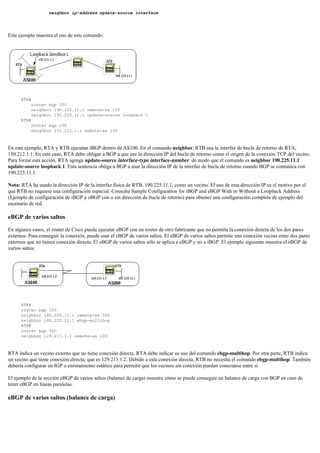 neighbor ip-address update-source interface
Este ejemplo muestra el uso de este comando:
RTA#
router bgp 100
neighbor 190.225.11.1 remote-as 100
neighbor 190.225.11.1 update-source loopback 1
RTB#
router bgp 100
neighbor 150.212.1.1 remote-as 100
En este ejemplo, RTA y RTB ejecutan iBGP dentro de AS100. En el comando neighbor, RTB usa la interfaz de bucle de retorno de RTA,
150.212.1.1. En este caso, RTA debe obligar a BGP a que use la dirección IP del bucle de retorno como el origen de la conexión TCP del vecino.
Para forzar esta acción, RTA agrega update-source interface-type interface-number de modo que el comando es neighbor 190.225.11.1
update-source loopback 1. Esta sentencia obliga a BGP a usar la dirección IP de la interfaz de bucle de retorno cuando BGP se comunica con
190.225.11.1.
Nota: RTA ha usado la dirección IP de la interfaz física de RTB, 190.225.11.1, como un vecino. El uso de esta dirección IP es el motivo por el
que RTB no requiere una configuración especial. Consulte Sample Configuration for iBGP and eBGP With or Without a Loopback Address
(Ejemplo de configuración de iBGP y eBGP con o sin dirección de bucle de retorno) para obtener una configuración completa de ejemplo del
escenario de red.
eBGP de varios saltos
En algunos casos, el router de Cisco puede ejecutar eBGP con un router de otro fabricante que no permita la conexión directa de los dos pares
externos. Para conseguir la conexión, puede usar el eBGP de varios saltos. El eBGP de varios saltos permite una conexión vecina entre dos pares
externos que no tienen conexión directa. El eBGP de varios saltos sólo se aplica a eBGP y no a iBGP. El ejemplo siguiente muestra el eBGP de
varios saltos:
RTA#
router bgp 100
neighbor 180.225.11.1 remote-as 300
neighbor 180.225.11.1 ebgp-multihop
RTB#
router bgp 300
neighbor 129.213.1.2 remote-as 100
RTA indica un vecino externo que no tiene conexión directa. RTA debe indicar su uso del comando ebgp-multihop. Por otra parte, RTB indica
un vecino que tiene conexión directa, que es 129.213.1.2. Debido a esta conexión directa, RTB no necesita el comando ebgp-multihop. También
debería configurar un IGP o enrutamiento estático para permitir que los vecinos sin conexión puedan conectarse entre sí.
El ejemplo de la sección eBGP de varios saltos (balance de carga) muestra cómo se puede conseguir un balance de carga con BGP en caso de
tener eBGP en líneas paralelas.
eBGP de varios saltos (balance de carga)
 