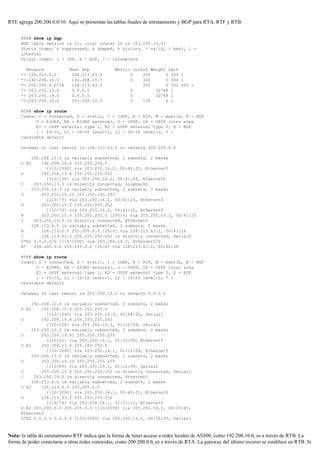 RTE agrega 200.200.0.0/16. Aquí se presentan las tablas finales de enrutamiento y BGP para RTA, RTF y RTB:
RTA# show ip bgp
BGP table version is 21, local router ID is 203.250.13.41
Status codes: s suppressed, d damped, h history, * valid, > best, i -
internal
Origin codes: i - IGP, e - EGP, ? - incomplete
Network Next Hop Metric LocPrf Weight Path
*> 128.213.0.0 128.213.63.2 0 200 0 200 i
*>i192.208.10.0 192.208.10.5 0 300 0 300 i
*> 200.200.0.0/16 128.213.63.2 200 0 200 400 i
*> 203.250.13.0 0.0.0.0 0 32768 i
*> 203.250.14.0 0.0.0.0 0 32768 i
*>i203.250.15.0 203.250.15.2 0 100 0 i
RTA# show ip route
Codes: C - connected, S - static, I - IGRP, R - RIP, M - mobile, B - BGP
D - EIGRP, EX - EIGRP external, O - OSPF, IA - OSPF inter area
E1 - OSPF external type 1, E2 - OSPF external type 2, E - EGP
i - IS-IS, L1 - IS-IS level-1, L2 - IS-IS level-2, * -
candidate default
Gateway of last resort is 128.213.63.2 to network 200.200.0.0
192.208.10.0 is variably subnetted, 2 subnets, 2 masks
O E2 192.208.10.0 255.255.255.0
[110/1000] via 203.250.14.2, 00:41:25, Ethernet0
O 192.208.10.4 255.255.255.252
[110/138] via 203.250.14.2, 00:41:25, Ethernet0
C 203.250.13.0 is directly connected, Loopback0
203.250.15.0 is variably subnetted, 3 subnets, 3 masks
O 203.250.15.10 255.255.255.255
[110/75] via 203.250.14.2, 00:41:25, Ethernet0
O 203.250.15.0 255.255.255.252
[110/74] via 203.250.14.2, 00:41:25, Ethernet0
B 203.250.15.0 255.255.255.0 [200/0] via 203.250.15.2, 00:41:25
C 203.250.14.0 is directly connected, Ethernet0
128.213.0.0 is variably subnetted, 2 subnets, 2 masks
B 128.213.0.0 255.255.0.0 [20/0] via 128.213.63.2, 00:41:26
C 128.213.63.0 255.255.255.252 is directly connected, Serial0
O*E2 0.0.0.0/0 [110/1000] via 203.250.14.2, Ethernet0/0
B* 200.200.0.0 255.255.0.0 [20/0] via 128.213.63.2, 00:02:38
RTF# show ip route
Codes: C - connected, S - static, I - IGRP, R - RIP, M - mobile, B - BGP
D - EIGRP, EX - EIGRP external, O - OSPF, IA - OSPF inter area
E1 - OSPF external type 1, E2 - OSPF external type 2, E - EGP
i - IS-IS, L1 - IS-IS level-1, L2 - IS-IS level-2, * -
candidate default
Gateway of last resort is 203.250.15.2 to network 0.0.0.0
192.208.10.0 is variably subnetted, 2 subnets, 2 masks
O E2 192.208.10.0 255.255.255.0
[110/1000] via 203.250.15.2, 00:48:50, Serial1
O 192.208.10.4 255.255.255.252
[110/128] via 203.250.15.2, 01:12:09, Serial1
203.250.13.0 is variably subnetted, 2 subnets, 2 masks
O 203.250.13.41 255.255.255.255
[110/11] via 203.250.14.1, 01:12:09, Ethernet0
O E2 203.250.13.0 255.255.255.0
[110/2000] via 203.250.14.1, 01:12:09, Ethernet0
203.250.15.0 is variably subnetted, 2 subnets, 2 masks
O 203.250.15.10 255.255.255.255
[110/65] via 203.250.15.2, 01:12:09, Serial1
C 203.250.15.0 255.255.255.252 is directly connected, Serial1
C 203.250.14.0 is directly connected, Ethernet0
128.213.0.0 is variably subnetted, 2 subnets, 2 masks
O E2 128.213.0.0 255.255.0.0
[110/2000] via 203.250.14.1, 00:45:01, Ethernet0
O 128.213.63.0 255.255.255.252
[110/74] via 203.250.14.1, 01:12:11, Ethernet0
O E2 200.200.0.0 255.255.0.0 [110/2000] via 203.250.14.1, 00:03:47,
Ethernet0
O*E2 0.0.0.0 0.0.0.0 [110/1000] via 203.250.15.2, 00:03:33, Serial1
Nota: la tabla de enrutamiento RTF indica que la forma de tener acceso a redes locales de AS300, como 192.208.10.0, es a través de RTB. La
forma de poder conectarse a otras redes conocidas, como 200.200.0.0, es a través de RTA. La gateway del último recurso se establece en RTB. Si
 