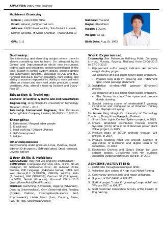 APPLY FOR: Instrument Engineer
Mr.Saharat Chuetaploy
Mobile: (+66) 83587 9152 National: Thailand
Email: saharat_daf@hotmail.com Region: Buddhism
Address: 88/92 Road Kaokilo, Sub-District Surasak,
District Sriracha, Province Chonburi Thailand 20110
Height: 175 cm.
Weight: 62 kg.
GPA: 3.11 Birth Date: Aug 19, 1993
Summary:
I’m interesting and absorbing subject where there is
always something new to learn. I’m attracted by its
Control and Instrumentation which new instrument,
technologies and processes are being developed all the
time. Expert in control system design, process control
and automation concepts. Specialize in DCS and PLC.
Personal skill quick learner, reliability, hard worker, and
ability to assume responsibility. Ability to work well with
other as a team and work well under pressure to meet
deadlines. Also, attend a training Incident and Injury-
Free IIF.
Education & Training:
Bachelor of Control systems and Instrumentation
Engineering, King Mongkut’s University of Technology
Thonburi, 2012 – 2016
Internship Instrument Engineer, Star Petroleum
Refining Public Company Limited, 06-2015 to 07-2015
Strengths:
1. Deferential / Respect other people
2. Disciplined
3. Hard-working / Diligent /Patient
4. Self-Development
5. Helpful
Other competencies:
Enjoy working under pressure, Loyal, Punctual, Good
listener, Enthusiastic / Self-motivated, Detail-oriented,
Love to explore
Other Skills & Hobbies:
LANGUAGES: Thai (Native), English (Intermediate)
COMPUTER: C language, MATLAB, DCS , Xilinx, Altium
Designer, 3D Solidworks 2012, 2D AutoCad 2016,
Proteus, PHP language, ,Database Server, HTML and
Web Server,PLC (SIEMENS, OMRON, WinCC), Zelio
(Schneider), HMI (SIEMENS), Centrum VP (Yokogawa),
LabVIEW, DeltaV (Emerson), Microsoft Office 2013
(Word/PowerPoint/Excel/Access).
Hobbies: Swimming (Advanced), Jogging (Advanced),
Dancing (Intermediate), Gym (Intermediate), Reading
(Comics, Fashion, Investigative/Suspense, Self-
Improvement), Listen Music (Jazz, Country, Blues,
Rap/Hip-Hop, Electronica/Dance)
Work Experience:
Internship Star Petroleum Refining Public Company
Limited, Mueang, Rayong ,Thailand, from 02-06-2015
to 27-07-2015.
1. Replacement sulfur weight indicator and remote
weight display project.
Job response and assistance team leader engineers.
• Prepare loop diagram drawing and instrument
spec. sheet package document.
2. Installation wirelessHART gateway (Emerson)
project.
Job response and assistance team leader engineers.
• Site Survey to check free space and prepare
sketch drawing.
3. Special training course of wirelessHART gateway
installation and configuration at Emerson training
office, Maptaphut Rayong.
In house King Mongkut's University of Technology
Thonburi, Thung Khru, Bangkok, Thailand.
1. Smart Color Lights Control System project, in 2015
2. Create simplified Distributed Process Control
Systems (DCS) simulation of Biomass power plant
20kW project, in 2015
3. Produce basic of TCP/IP protocol through Wifi
project, in 2014
4. Produce tracking robot car project. Subject of
Application of Electronic and Digital Circuits for
Industries , in 2013
5. Electronics Devices and Circuit Design for vote
cabinet project. Co-operate with 4th students
Industrial Design architecture division, in 2013
ACHIEVE/ACTIVITIES:
1. Certificate through internship at SPRC.
2. Volunteer give a dam at Khao Huai Mahat Rayong.
3. Community services help and repair at Rayong.
4. Support of INC GAME at KMUTT.
5. Staff of project “Junior Engineering Campus#16” and
“We are INC” at KMUTT.
6. Staff Freshman Orientation Activity of the Faculty of
Engineering.
 