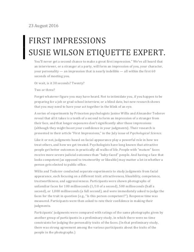 23 august 2016 first impressions paper form an impression of