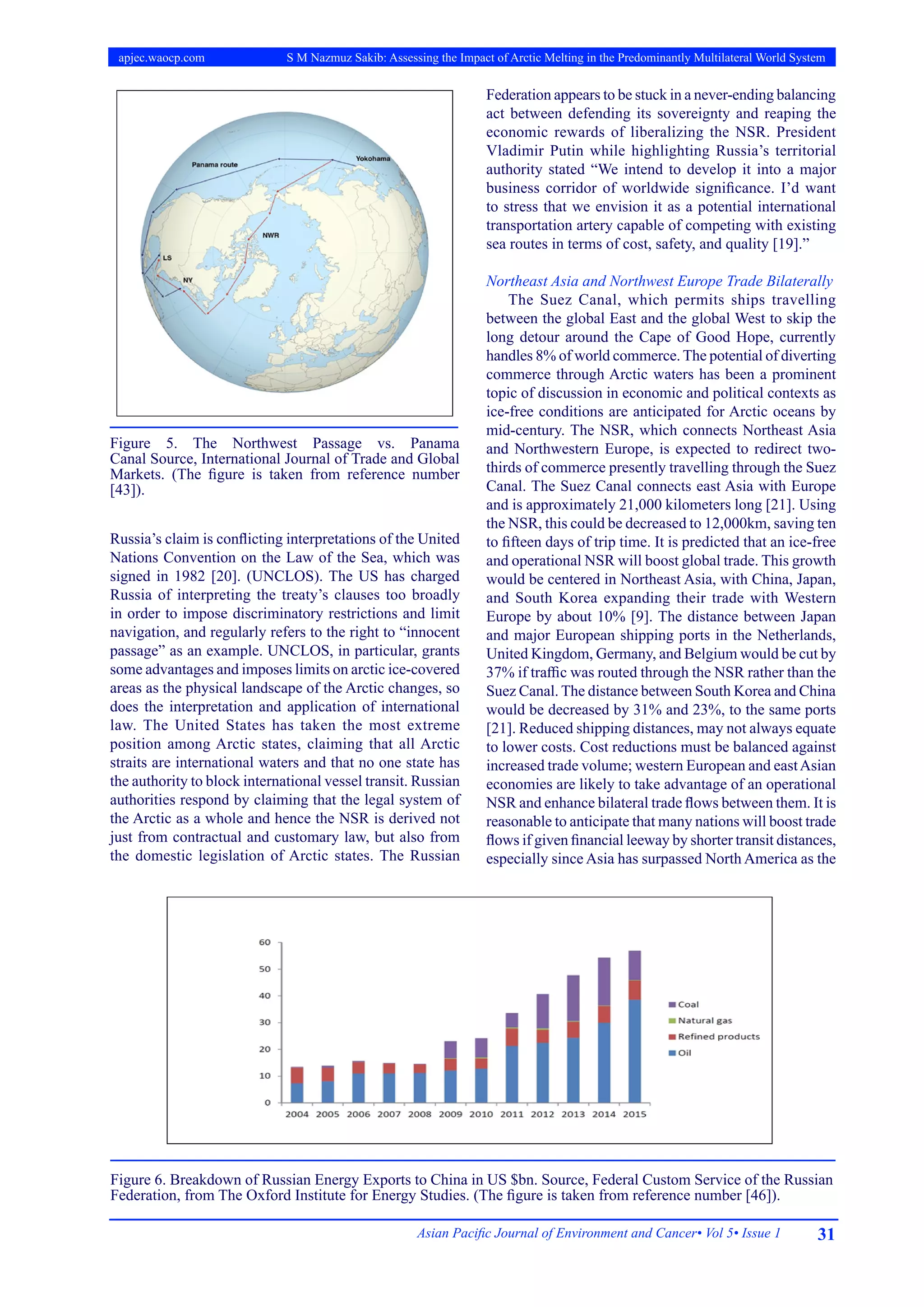 31
Asian Pacific Journal of Environment and Cancer• Vol 5• Issue 1
apjec.waocp.com S M Nazmuz Sakib: Assessing the Impact of Arctic Melting in the Predominantly Multilateral World System
Russia’s claim is conflicting interpretations of the United
Nations Convention on the Law of the Sea, which was
signed in 1982 [20]. (UNCLOS). The US has charged
Russia of interpreting the treaty’s clauses too broadly
in order to impose discriminatory restrictions and limit
navigation, and regularly refers to the right to “innocent
passage” as an example. UNCLOS, in particular, grants
some advantages and imposes limits on arctic ice-covered
areas as the physical landscape of the Arctic changes, so
does the interpretation and application of international
law. The United States has taken the most extreme
position among Arctic states, claiming that all Arctic
straits are international waters and that no one state has
the authority to block international vessel transit. Russian
authorities respond by claiming that the legal system of
the Arctic as a whole and hence the NSR is derived not
just from contractual and customary law, but also from
the domestic legislation of Arctic states. The Russian
Federation appears to be stuck in a never-ending balancing
act between defending its sovereignty and reaping the
economic rewards of liberalizing the NSR. President
Vladimir Putin while highlighting Russia’s territorial
authority stated “We intend to develop it into a major
business corridor of worldwide significance. I’d want
to stress that we envision it as a potential international
transportation artery capable of competing with existing
sea routes in terms of cost, safety, and quality [19].”
Northeast Asia and Northwest Europe Trade Bilaterally
The Suez Canal, which permits ships travelling
between the global East and the global West to skip the
long detour around the Cape of Good Hope, currently
handles 8% of world commerce. The potential of diverting
commerce through Arctic waters has been a prominent
topic of discussion in economic and political contexts as
ice-free conditions are anticipated for Arctic oceans by
mid-century. The NSR, which connects Northeast Asia
and Northwestern Europe, is expected to redirect two-
thirds of commerce presently travelling through the Suez
Canal. The Suez Canal connects east Asia with Europe
and is approximately 21,000 kilometers long [21]. Using
the NSR, this could be decreased to 12,000km, saving ten
to fifteen days of trip time. It is predicted that an ice-free
and operational NSR will boost global trade. This growth
would be centered in Northeast Asia, with China, Japan,
and South Korea expanding their trade with Western
Europe by about 10% [9]. The distance between Japan
and major European shipping ports in the Netherlands,
United Kingdom, Germany, and Belgium would be cut by
37% if traffic was routed through the NSR rather than the
Suez Canal. The distance between South Korea and China
would be decreased by 31% and 23%, to the same ports
[21]. Reduced shipping distances, may not always equate
to lower costs. Cost reductions must be balanced against
increased trade volume; western European and eastAsian
economies are likely to take advantage of an operational
NSR and enhance bilateral trade flows between them. It is
reasonable to anticipate that many nations will boost trade
flows if given financial leeway by shorter transit distances,
especially since Asia has surpassed North America as the
Figure 5. The Northwest Passage vs. Panama
Canal Source, International Journal of Trade and Global
Markets. (The figure is taken from reference number
[43]).
Figure 6. Breakdown of Russian Energy Exports to China in US $bn. Source, Federal Custom Service of the Russian
Federation, from The Oxford Institute for Energy Studies. (The figure is taken from reference number [46]).
 