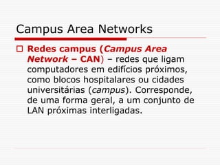 Campus Area Networks
 Redes campus (Campus Area
Network – CAN) – redes que ligam
computadores em edifícios próximos,
como blocos hospitalares ou cidades
universitárias (campus). Corresponde,
de uma forma geral, a um conjunto de
LAN próximas interligadas.
 