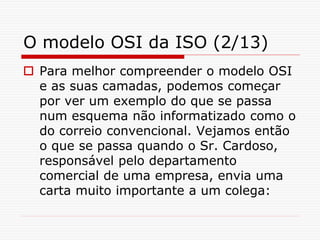 O modelo OSI da ISO (2/13)
 Para melhor compreender o modelo OSI
e as suas camadas, podemos começar
por ver um exemplo do que se passa
num esquema não informatizado como o
do correio convencional. Vejamos então
o que se passa quando o Sr. Cardoso,
responsável pelo departamento
comercial de uma empresa, envia uma
carta muito importante a um colega:
 