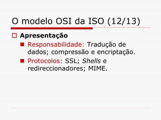 O modelo OSI da ISO (12/13)
 Apresentação
 Responsabilidade: Tradução de
dados; compressão e encriptação.
 Protocolos: SSL; Shells e
redireccionadores; MIME.
 