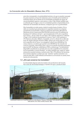 La Convención sobre los Humedales (Ramsar, Irán, 1971)


                          esta cifra corresponde a la profundidad máxima a la que se pueden sumergir
                          los patos marinos en busca de alimento), pero el tratado prevé también la
                          inclusión dentro de los límites de los humedales protegidos de aguas de
                          una profundidad superior a seis metros, e islas. Cabe señalar también que
                          se entiende que los lagos y ríos en su totalidad quedan comprendidos en la
                          definición de humedales de Ramsar, cualquiera que sea su profundidad.

                          Hay humedales en todas partes, desde la tundra hasta el trópico. No se
                          sabe con exactitud qué porcentaje de la superficie terrestre se compone
                          actualmente de humedales. Según la estimación del Centro Mundial de
                          Monitoreo de la Conservación del PNUMA sería de unos 570 millones de
                          hectáreas (5,7 millones de km2) – aproximadamente el 6% de la superficie
                          de la Tierra – de los cuales 2% son lagos, 30% turberas arbustivas o abiertas
                          (“bogs”), 26% turberas de gramíneas o carrizo (“fens”), 20% pantanos y
                          15% llanuras aluviales. Mitsch y Gosselink, en la 3a. edición de su libro de
                          texto de amplia difusión Wetlands (2000), opinan que oscila entre 4% y 6%
                          de la superficie de la Tierra. Los manglares cubren unos 240.000 km2 de
                          zonas costeras y se estima que quedan unos 600.000 km2 de arrecifes de
                          coral en el mundo. Ahora bien, pese a que en un estudio mundial preparado
                          para la COP7 de Ramsar, celebrada en 1999, se afirmó que “la información
                          disponible actualmente no permite dar una cifra aceptable de la extensión
                          de los humedales a escala mundial”, se indicó también que, según la ‘mejor’
                          estimación mundial mínima, oscilaría entre 748 y 778 millones de hectáreas.
                          En el mismo informe se indicó que este “mínimo” podría aumentar a un
                          total de entre 999 y 4.462 millones de hectáreas si se tuvieran en cuenta otras
                          fuentes de información.

                    1.3 ¿Por qué conservar los humedales?
                          Los humedales figuran entre los medios más productivos del mundo.
                          Son cunas de diversidad biológica y fuentes de agua y productividad




Chozas para la pesca en el canal Bevanella en el sitio Ramsar “Ortazzo e Ortazzino” en la costa del Adriático al sur del
                                   Delta del Po. Foto: Tobias Salathé, Ramsar, 2003.



  
 