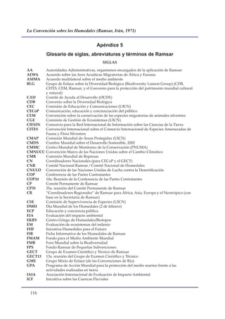 La Convención sobre los Humedales (Ramsar, Irán, 1971)


                                      Apéndice 5
          Glosario de siglas, abreviaturas y términos de Ramsar
                                         SIGLAS

AA     Autoridades Administrativas, organismos encargados de la aplicación de Ramsar
AEWA   Acuerdo sobre las Aves Acuáticas Migratorias de África y Eurasia
AMMA   Acuerdo multilateral sobre el medio ambiente
BLG    Grupo de Enlace sobre la Diversidad Biológica (Biodiversity Liaison Group) (CDB,
       CITES, CEM, Ramsar, y el Convenio para la protección del patrimonio mundial cultural
       y natural)
CAD    Comité de Ayuda al Desarrollo (OCDE)
CDB    Convenio sobre la Diversidad Biológica
CEC    Comisión de Educación y Comunicaciones (UICN)
CECoP  Comunicación, educación y concienciación del público
CEM    Convención sobre la conservación de las especies migratorias de animales silvestres
CGE    Comisión de Gestión de Ecosistemas (UICN)
CIESIN Consorcio para la Red Internacional de Información sobre las Ciencias de la Tierra
CITES  Convención Internacional sobre el Comercio Internacional de Especies Amenazadas de
       Fauna y Flora Silvestres
CMAP   Comisión Mundial de Áreas Protegidas (UICN)
CMDS   Cumbre Mundial sobre el Desarrollo Sostenible, 2002
CMMC   Centro Mundial de Monitoreo de la Conservación (PNUMA)
CMNUCC Convención Marco de las Naciones Unidas sobre el Cambio Climático
CMR    Comisión Mundial de Represas
CN     Coordinadores Nacionales (para CECoP y el GECT)
CNR    Comité Nacional Ramsar / Comité Nacional de Humedales
CNULD Convención de las Naciones Unidas de Lucha contra la Desertificación
COP    Conferencia de las Partes Contratantes
COP10  10a. Reunión de la Conferencia de las Partes Contratantes
CP     Comité Permanente de Ramsar
CP35   35a. reunión del Comité Permanente de Ramsar
CR     “Coordinadores Regionales” de Ramsar para África, Asia, Europa y el Neotrópico (con
       base en la Secretaría de Ramsar)
CSE    Comisión de Supervivencia de Especies (UICN)
DMH    Día Mundial de los Humedales (2 de febrero)
ECP    Educación y conciencia pública
EIA    Evaluación del impacto ambiental
EKBY   Centro Griego de Humedales/Biotopos
EM     Evaluación de ecosistemas del milenio
FHF    Iniciativa Humedales para el Futuro
FIR    Ficha Informativa de los Humedales de Ramsar
FMAM   Fondo para el Medio Ambiente Mundial
FMB    Foro Mundial sobre la Biodiversidad
FPS    Fondo Ramsar de Pequeñas Subvenciones
GECT   Grupo de Examen Científico y Técnico de Ramsar
GECT13 13a. reunión del Grupo de Examen Científico y Técnico
GME    Grupo Mixto de Enlace (de las Convenciones de Río)
GPA    Programa de Acción Mundial para la protección del medio marino frente a las
       actividades realizadas en tierra
IAIA   Asociación Internacional de Evaluación de Impacto Ambiental
ICF    Iniciativa sobre las Cuencas Fluviales


 11
 