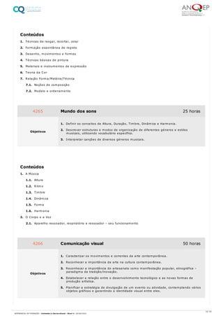 1. Técnicas de rasgar, recortar, colar
2. Formação espontânea de registo
3. Desenho, movimentos e formas
4. Técnicas básicas de pintura
5. Materiais e instrumentos de expressão
6. Teoria da Cor
7. Relação Forma/Matéria/Técnica
7.1. Noções de composição
7.2. Modelo e ordenamento
1. A Música
1.1. Altura
1.2. Ritmo
1.3. Timbre
1.4. Dinâmica
1.5. Forma
1.6. Harmonia
2. O Corpo e a Voz
2.1. Aparelho ressoador, respiratório e ressoador – seu funcionamento
Conteúdos
4265 Mundo dos sons 25 horas
Objetivos
1. Definir os conceitos de Altura, Duração, Timbre, Dinâmica e Harmonia.
2. Descrever estruturas e modos de organização de diferentes géneros e estilos
musicais, utilizando vocabulário específico.
3. Interpretar canções de diversos géneros musicais.
Conteúdos
4266 Comunicação visual 50 horas
Objetivos
1. Caracterizar os movimentos e correntes da arte contemporânea.
2. Reconhecer a importância da arte na cultura contemporânea.
3. Reconhecer a importância do artesanato como manifestação popular, etnográfica –
paradigma da tradição/inovação.
4. Estabelecer a relação entre o desenvolvimento tecnológico e as novas formas de
produção artística.
5. Planificar a estratégia de divulgação de um evento ou atividade, contemplando vários
objetos gráficos e garantindo a identidade visual entre eles.
16 / 61
REFERENCIAL DE FORMAÇÃO | Animador/a Sociocultural - Nível 4 | 20/06/2022
 