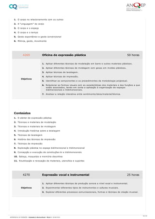 1. O corpo no relacionamento com os outros
2. A “Linguagem” do corpo
3. O corpo e o espaço
4. O corpo e o tempo
5. Gesto espontâneo e gesto convencional
6. Mímica, gesto, movimento
1. O atelier de expressão plástica
2. Técnicas e materiais de modelação
3. Técnicas e materiais de moldagem
4. Introdução histórica sobre a tecelagem
5. Técnicas de tecelagem
6. História das técnicas de impressão
7. Técnicas de impressão
8. Exploração plástica no espaço bidimensional e tridimensional
9. Concepção e execução de construções bi e tridimensionais
10. Esboço, maquetas e memória descritiva
11. Reutilização e revocação de materiais, utensílios e suportes
4269 Oficina de expressão plástica 50 horas
Objetivos
1. Aplicar diferentes técnicas de modelação em barro e outros materiais plásticos.
2. Aplicar diferentes técnicas de moldagem com gesso em moldes plásticos.
3. Aplicar técnicas de tecelagem.
4. Aplicar técnicas de impressão.
5. Identificar as componentes e os procedimentos da metodologia projectual.
6. Relacionar as formas visuais com as características dos materiais e das funções a que
estão associados, tendo em conta a aplicação à organização de espaços
bidimensionais e tridimensionais.
7. Analisar a relação interativa entre sentimento/ideia/material/técnica.
Conteúdos
4270 Expressão vocal e instrumental 25 horas
Objetivos
1. Aplicar diferentes técnicas de produção sonora a nível vocal e instrumental.
2. Experimentar diferentes tipos de instrumentos e culturas musicais.
3. Explorar diferentes processos comunicacionais, formas e técnicas de criação musical.
18 / 61
REFERENCIAL DE FORMAÇÃO | Animador/a Sociocultural - Nível 4 | 20/06/2022
 