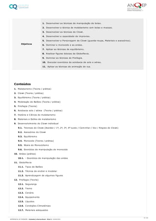 1. Malabarismo (Teoria / prática)
2. Clown (Teoria / prática)
3. Equilibrismo (Teoria / prática)
4. Modelação de Balões (Teoria / prática)
5. Pirofagia (Teoria)
6. Acrobacia solo / aérea (Teoria / prática)
7. História e Ciência do malabarismo
8. Materiais e Estilos de malabarismo
9. Desenvolvimento do Clown individual
9.1. Técnicas do Clown (Acordar / 1º, 2º, 3º, 4º susto / Caminhar / Voz / Regras do Clown)
9.2. Acessórios do Clown
9.3. Equilibrismo
9.4. Monociclo (Teoria / prática)
9.5. Níveis do Monociclismo
9.6. Exercícios de manipulação do monociclo
10. Andas (prática)
10.1. - Exercícios de manipulação das andas
11. Globoflexia
11.1. Tipos de Balões
11.2. Técnica de encher e modelar
11.3. Aprendizagem de algumas figuras
12. Pirofagia (Teoria)
12.1. Segurança
12.2. Treino
12.3. Cenário
12.4. Equipamento
12.5. Líquidos
12.6. Condições Climatéricas
12.7. Materiais adequados
Objetivos
1. Desenvolver as técnicas de manipulação de bolas.
2. Desenvolver a técnica de malabarismo com bolas e massas.
3. Desenvolver as técnicas de Clown.
4. Desenvolver a capacidade de improviso.
5. Desenvolver a Personagem de Clown (guarda-roupa, Materiais e acessórios).
6. Dominar o monociclo e as andas.
7. Aplicar as técnicas de equilibrismo.
8. Realizar figuras básicas da Globoflexia.
9. Dominar as técnicas de Pirofagia.
10. Executar exercícios da acrobacia de solo e aérea.
11. Aplicar as técnicas de animação de rua.
Conteúdos
31 / 61
REFERENCIAL DE FORMAÇÃO | Animador/a Sociocultural - Nível 4 | 20/06/2022
 