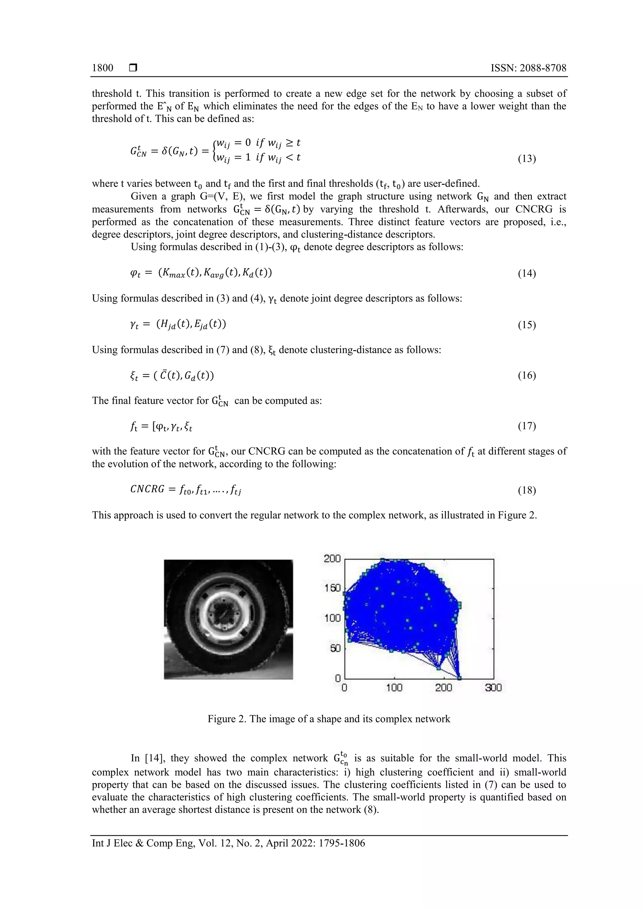  ISSN: 2088-8708 Int J Elec & Comp Eng, Vol. 12, No. 2, April 2022: 1795-1806 1800 threshold t. This transition is performed to create a new edge set for the network by choosing a subset of performed the EˆN of EN which eliminates the need for the edges of the EN to have a lower weight than the threshold of t. This can be defined as: 𝐺𝐶𝑁 𝑡 = 𝛿(𝐺𝑁, 𝑡) = { 𝑤𝑖𝑗 = 0 𝑖𝑓 𝑤𝑖𝑗 ≥ 𝑡 𝑤𝑖𝑗 = 1 𝑖𝑓 𝑤𝑖𝑗 < 𝑡 (13) where t varies between t0 and tf and the first and final thresholds (tf, t0) are user-defined. Given a graph G=(V, E), we first model the graph structure using network GN and then extract measurements from networks GCN t = δ(GN, 𝑡) by varying the threshold t. Afterwards, our CNCRG is performed as the concatenation of these measurements. Three distinct feature vectors are proposed, i.e., degree descriptors, joint degree descriptors, and clustering-distance descriptors. Using formulas described in (1)-(3), φt denote degree descriptors as follows: 𝜑𝑡 = (𝐾𝑚𝑎𝑥(𝑡), 𝐾𝑎𝑣𝑔(𝑡), 𝐾𝑑(𝑡)) (14) Using formulas described in (3) and (4), γt denote joint degree descriptors as follows: 𝛾𝑡 = (𝐻𝑗𝑑(𝑡), 𝐸𝑗𝑑(𝑡)) (15) Using formulas described in (7) and (8), ξt denote clustering-distance as follows: 𝜉𝑡 = ( 𝐶̅(𝑡), 𝐺𝑑(𝑡)) (16) The final feature vector for GCN t can be computed as: 𝑓t = [φt, 𝛾𝑡, 𝜉𝑡 (17) with the feature vector for GCN t , our CNCRG can be computed as the concatenation of 𝑓t at different stages of the evolution of the network, according to the following: 𝐶𝑁𝐶𝑅𝐺 = 𝑓𝑡0, 𝑓𝑡1, … . , 𝑓𝑡𝑗 (18) This approach is used to convert the regular network to the complex network, as illustrated in Figure 2. Figure 2. The image of a shape and its complex network In [14], they showed the complex network Gcn t0 is as suitable for the small-world model. This complex network model has two main characteristics: i) high clustering coefficient and ii) small-world property that can be based on the discussed issues. The clustering coefficients listed in (7) can be used to evaluate the characteristics of high clustering coefficients. The small-world property is quantified based on whether an average shortest distance is present on the network (8). 