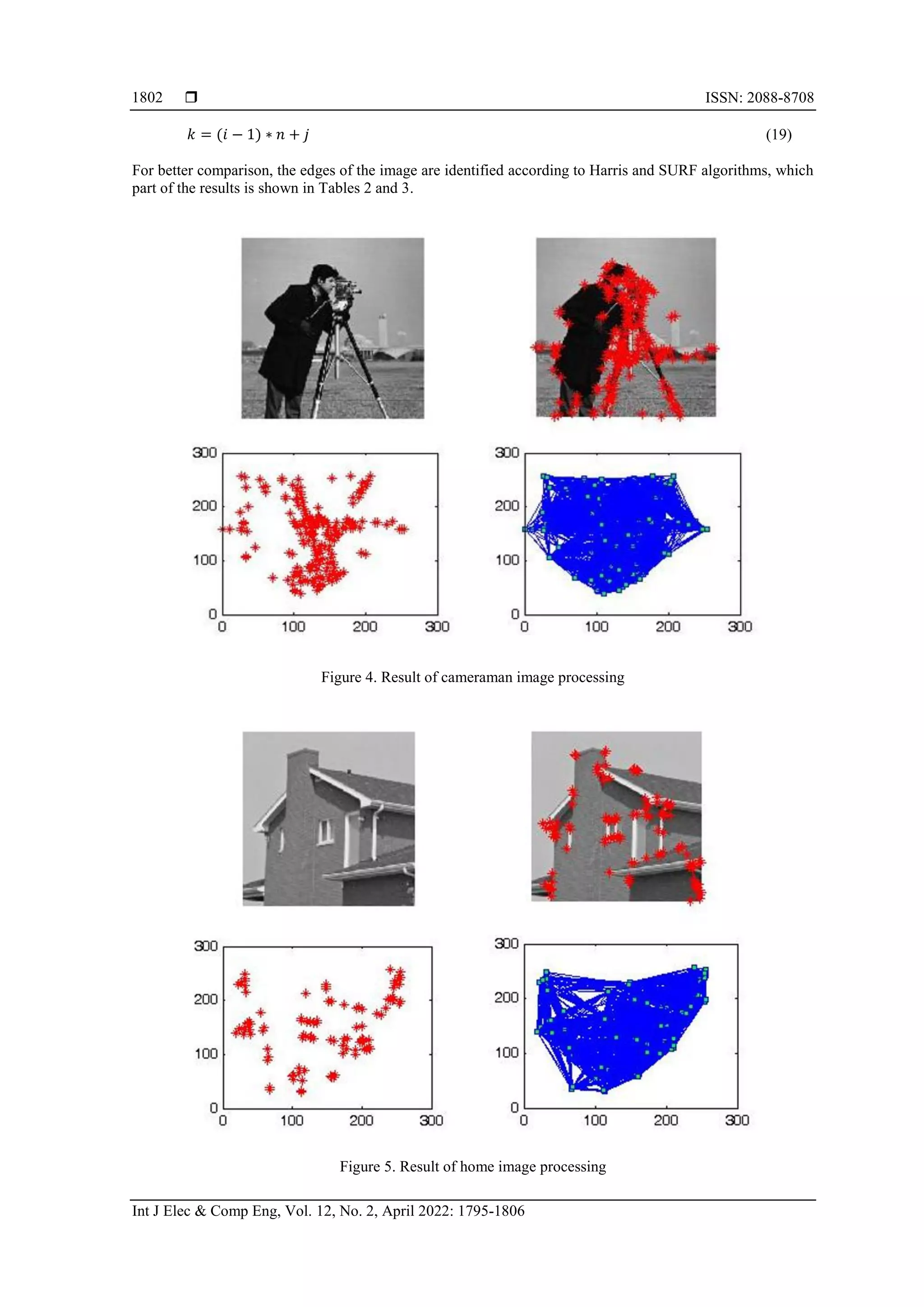  ISSN: 2088-8708 Int J Elec & Comp Eng, Vol. 12, No. 2, April 2022: 1795-1806 1802 𝑘 = (𝑖 − 1) ∗ 𝑛 + 𝑗 (19) For better comparison, the edges of the image are identified according to Harris and SURF algorithms, which part of the results is shown in Tables 2 and 3. Figure 4. Result of cameraman image processing Figure 5. Result of home image processing 