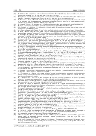  ISSN: 2252-8938
Int J Artif Intell, Vol. 14, No. 3, June 2025: 2490-2505
2502
[17] W. Alschner, “The computational analysis of international law,” in Research Methods in International Law, vol. 3, no. 1,
Edward Elgar Publishing, 2021, pp. 8–17, doi: 10.4337/9781788972369.00022.
[18] P. Grajzl and P. Murrell, “Caselaw and england’s economic performance during the industrial revolution: data and evidence,”
Journal of Comparative Economics, vol. 52, no. 1, pp. 145–165, Mar. 2024, doi: 10.1016/j.jce.2023.10.002.
[19] A. Shevchenko, S. Kydin, S. Kamarali, and M. Dei, “Issues with interpreting the social and legal value of a person in the context
of the integrative type of legal-awareness,” Fundamental and applied researches in practice of leading scientific schools,
vol. 38, no. 2, pp. 54–61, Apr. 2020, doi: 10.33531/farplss.2020.2.10.
[20] R. A. Cass, C. S. Diver, J. M. Beermann, and J. L. Mascott, Administrative law: cases and materials. Aspen Publishing, 2024.
[21] R. Wacks, Understanding jurisprudence: an introduction to legal theory. Oxford University Press, 2020.
[22] J. C. Dernbach, R. V. Singleton, C. S. Wharton, C. J. Wasson, and J. M. Ruhtenberg, A practical guide to legal writing and
legal method. Aspen Publishing, 2021.
[23] L. C. Oates, A. Enquist, and J. Francis, The legal writing handbook: analysis, research, and writing. Aspen Publishing, 2021.
[24] M. Hooda, C. Rana, O. Dahiya, A. Rizwan, and M. S. Hossain, “Artificial intelligence for assessment and feedback to enhance student
success in higher education,” Mathematical Problems in Engineering, vol. 2022, no. 1, May 2022, doi: 10.1155/2022/5215722.
[25] T. Nazaretsky, M. Cukurova, and G. Alexandron, “An instrument for measuring teachers’ trust in AI-based educational
technology,” in LAK22: 12th International Learning Analytics and Knowledge Conference, New York, USA: ACM,
Mar. 2022, pp. 56–66, doi: 10.1145/3506860.3506866.
[26] M. Messer, N. C. C. Brown, M. Kölling, and M. Shi, “Automated grading and feedback tools for programming education: a
systematic review,” ACM Transactions on Computing Education, vol. 24, no. 1, pp. 1–43, Mar. 2024, doi: 10.1145/3636515.
[27] J. C. Sánchez-Prieto, J. Cruz-Benito, R. Therón, and F. García-Peñalvo, “Assessed by machines: development of a TAM-based
tool to measure AI-based assessment acceptance among students,” International Journal of Interactive Multimedia and
Artificial Intelligence, vol. 6, no. 4, 2020, doi: 10.9781/ijimai.2020.11.009.
[28] A. Han et al., “Teachers, parents, and students’ perspectives on integrating generative AI into elementary literacy education,” in
Proceedings of the CHI Conference on Human Factors in Computing Systems, New York, USA: ACM, May 2024,
pp. 1–17, doi: 10.1145/3613904.3642438.
[29] R. M. -Villarreal, E. V. Perdomo, D. E. S. -Navarro, R. T. -Aguilera, and F. S. Gerardou, “Challenges and opportunities of generative
AI for higher education as explained by chatGPT,” Education Sciences, vol. 13, no. 9, Aug. 2023, doi: 10.3390/educsci13090856.
[30] S. Mallik and A. Gangopadhyay, “Proactive and reactive engagement of artificial intelligence methods for education: a review,”
Frontiers in Artificial Intelligence, vol. 6, May 2023, doi: 10.3389/frai.2023.1151391.
[31] J. Mao, B. Chen, and J. C. Liu, “Generative artificial intelligence in education and its implications for assessment,” TechTrends,
vol. 68, no. 1, pp. 58–66, Jan. 2024, doi: 10.1007/s11528-023-00911-4.
[32] H. Yu and Y. Guo, “Generative artificial intelligence empowers educational reform: current status, issues, and prospects,”
Frontiers in Education, vol. 8, Jun. 2023, doi: 10.3389/feduc.2023.1183162.
[33] C. Zastudil, M. Rogalska, C. Kapp, J. Vaughn, and S. MacNeil, “Generative AI in computing education: perspectives of students
and instructors,” in 2023 IEEE Frontiers in Education Conference (FIE), 2023, pp. 1–9, doi: 10.1109/FIE58773.2023.10343467.
[34] B. Anthony Jnr and S. Noel, “Examining the adoption of emergency remote teaching and virtual learning during and after
COVID-19 pandemic,” International Journal of Educational Management, vol. 35, no. 6, pp. 1136–1150, Oct. 2021, doi:
10.1108/IJEM-08-2020-0370.
[35] G. Özüdoğru, “Problems faced in distance education during COVID-19 pandemic,” Participatory Educational Research, vol. 8,
no. 4, pp. 321–333, Dec. 2021, doi: 10.17275/per.21.92.8.4.
[36] A. Y. Q. Huang, O. H. T. Lu, and S. J. H. Yang, “Effects of artificial intelligence–enabled personalized recommendations on
learners’ learning engagement, motivation, and outcomes in a flipped classroom,” Computers & Education, vol. 194, Mar. 2023,
doi: 10.1016/j.compedu.2022.104684.
[37] B. L. Moorhouse, M. A. Yeo, and Y. Wan, “Generative AI tools and assessment: guidelines of the world’s top-ranking
universities,” Computers and Education Open, vol. 5, Dec. 2023, doi: 10.1016/j.caeo.2023.100151.
[38] J. Su and W. Yang, “Unlocking the power of ChatGPT: a framework for applying generative ai in education,” ECNU Review of
Education, vol. 6, no. 3, pp. 355–366, Aug. 2023, doi: 10.1177/20965311231168423.
[39] K. Moulaei, A. Yadegari, M. Baharestani, S. Farzanbakhsh, B. Sabet, and M. R. Afrash, “Generative artificial intelligence in
healthcare: a scoping review on benefits, challenges and applications,” International Journal of Medical Informatics, vol. 188,
Aug. 2024, doi: 10.1016/j.ijmedinf.2024.105474.
[40] R. Raman, P. Calyam, and K. Achuthan, “ChatGPT or bard: who is a better certified ethical hacker?,” Computers & Security,
vol. 140, 2024, doi: 10.1016/j.cose.2024.103804.
[41] T. Schaffter et al., “Evaluation of combined artificial intelligence and radiologist assessment to interpret screening
mammograms,” JAMA Network Open, vol. 3, no. 3, Mar. 2020, doi: 10.1001/jamanetworkopen.2020.0265.
[42] W. Liang et al., “Advances, challenges and opportunities in creating data for trustworthy AI,” Nature Machine Intelligence,
vol. 4, no. 8, pp. 669–677, Aug. 2022, doi: 10.1038/s42256-022-00516-1.
[43] E. Panadero and A. A. Lipnevich, “A review of feedback models and typologies: towards an integrative model of feedback
elements,” Educational Research Review, vol. 35, Feb. 2022, doi: 10.1016/j.edurev.2021.100416.
[44] S. Tong, N. Jia, X. Luo, and Z. Fang, “The janus face of artificial intelligence feedback: deployment versus disclosure effects on
employee performance,” Strategic Management Journal, vol. 42, no. 9, pp. 1600–1631, Sep. 2021, doi: 10.1002/smj.3322.
[45] A. A. Lipnevich and E. Panadero, “A review of feedback models and theories: descriptions, definitions, and conclusions,”
Frontiers in Education, vol. 6, Dec. 2021, doi: 10.3389/feduc.2021.720195.
[46] R. Morris, T. Perry, and L. Wardle, “Formative assessment and feedback for learning in higher education: a systematic review,”
Review of Education, vol. 9, no. 3, 2021, doi: 10.1002/rev3.3292.
[47] D. D. Stevens and A. J. Levi, Introduction to rubrics. New York: Routledge, 2023, doi: 10.4324/9781003445432.
[48] Z. Yan and D. Carless, “Self-assessment is about more than self: the enabling role of feedback literacy,” Assessment &
Evaluation in Higher Education, vol. 47, no. 7, pp. 1116–1128, Oct. 2022, doi: 10.1080/02602938.2021.2001431.
[49] E. B. Manoukian, Mathematical nonparametric statistics. Taylor & francis, 2022.
[50] I. Navarro-Soria, J. R. Rico-Juan, R. Juárez-Ruiz de Mier, and R. Lavigne-Cervan, “Prediction of attention deficit hyperactivity
disorder based on explainable artificial intelligence,” Applied Neuropsychology: Child, pp. 1–14, Apr. 2024,
doi: 10.1080/21622965.2024.2336019.
[51] R.-M. Pan, H.-J. Chang, M.-J. Chi, C.-Y. Wang, and Y.-H. Chuang, “The traditional chinese version of the geriatric anxiety
inventory: psychometric properties and cutoff point for detecting anxiety,” Geriatric Nursing, vol. 58, pp. 438–445, Jul. 2024,
doi: 10.1016/j.gerinurse.2024.06.008.
 