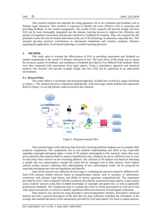  ISSN: 2252-8938
Int J Artif Intell, Vol. 14, No. 3, June 2025: 2490-2505
2492
This research explores the potential for using generative AI as an evaluation and feedback tool in
distance legal education. This research is expected to identify the most effective GAI in assessing and
providing feedback on law student assignments. The results of this research will provide insight into how
GAI can be more thoroughly integrated into the distance learning process to improve the efficiency and
quality of assignment assessment and provide constructive feedback for students. Thus, this research has the
potential to pave the way for further innovation in the use of AI technology in education, especially law. This
research provides practical contributions to educational institutions and enriches academic literature
regarding the application of advanced technology in modern learning processes.
2. METHOD
This study aims to evaluate the effectiveness of GAI in providing assessment and feedback on
student assignments in the context of distance education in law. The main focus of this study was to assess
the accuracy, quality of feedback, and usefulness of feedback provided by five different GAI methods which
were then compared with assessments from legal experts. Using a quantitative approach and statistical
analysis, this research will provide in-depth insight into how GAI can be optimized in an educational
environment.
2.1. Research flow
This study follows a systematic and structured approach, divided into several key stages illustrated
in Figure 1. The research process is organized methodically, with each stage clearly defined and sequenced.
Refer to Figure 1 to see the primary steps involved in this research.
Figure 1. Proposed research flow
This research began with collecting data from the e-learning platform students use to complete their
academic assignments. The assignments aim to test students' understanding and skills in law, especially
regarding copyright and patent rights. A total of 20 students participated in this research, where they were
given questions that required them to analyze hypothetical cases. Students are given sufficient time to work
on and collect their answers via the e-learning platform. The selection of 20 students was based on obtaining
a sample that was representative enough but could still be managed well in data analysis. Each student
submits written answers reflecting their understanding of how technological works can be protected by
copyright and patents per relevant regulations and theories.
Once all the answers are collected, the next stage is evaluating the answers using five different GAI.
Each GAI assesses student answers based on predetermined criteria, such as accuracy of information,
conformity with relevant legal theory, and ability to answer questions comprehensively. The assessment
provided by GAI is then compared with the evaluation provided by experienced legal experts. Legal experts
assess students' answers using their in-depth knowledge of copyright and patent law, as well as applicable
professional standards. This comparison aims to evaluate the extent to which assessments by GAI are in line
with expert assessments, as well as to identify significant differences between AI and human evaluations.
Data analysis was carried out using descriptive and non-parametric statistics. Descriptive statistical
analysis provides a general description of the data that has been collected, including the calculation of the
average and standard deviation of the assessments provided by GAI and experts. For more in-depth analysis,
 