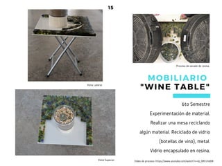 15
6to Semestre
Experimentación de material.
Realizar una mesa reciclando
algún material. Reciclado de vidrio
(botellas de vino), metal.
Vidrio encapsulado en resina.
MOBILIARIO
" WINE TABLE"
Vista Superior.
Vista Lateral.
Proceso de secado de resina.
Video de proceso: https://www.youtube.com/watch?v=Uj_0RCChdD8
 