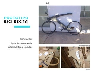 07
3er Semestre
Manejo de madera, pasta
automovilística y foamular.
PROTOTIPO
BICI ESC 1: 1
Vista lateral izquierda.
Proceso.
 