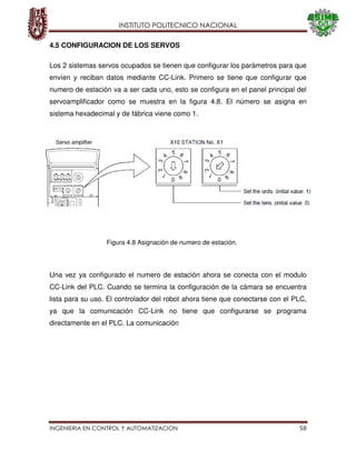 INSTITUTO POLITECNICO NACIONAL
INGENIERIA EN CONTROL Y AUTOMATIZACION 58
4.5 CONFIGURACION DE LOS SERVOS
Los 2 sistemas servos ocupados se tienen que configurar los parámetros para que
envíen y reciban datos mediante CC-Link. Primero se tiene que configurar que
numero de estación va a ser cada uno, esto se configura en el panel principal del
servoamplificador como se muestra en la figura 4.8. El número se asigna en
sistema hexadecimal y de fábrica viene como 1.
Una vez ya configurado el numero de estación ahora se conecta con el modulo
CC-Link del PLC. Cuando se termina la configuración de la cámara se encuentra
lista para su uso. El controlador del robot ahora tiene que conectarse con el PLC,
ya que la comunicación CC-Link no tiene que configurarse se programa
directamente en el PLC. La comunicación
Figura 4.8 Asignación de numero de estación.
 