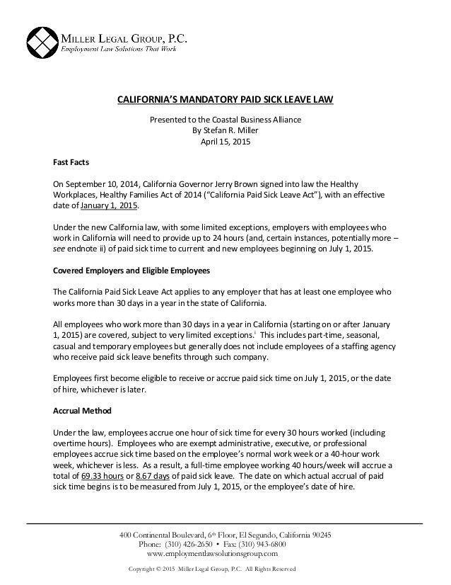 california mandatory paid sick leave miller legal group 943 form 2015