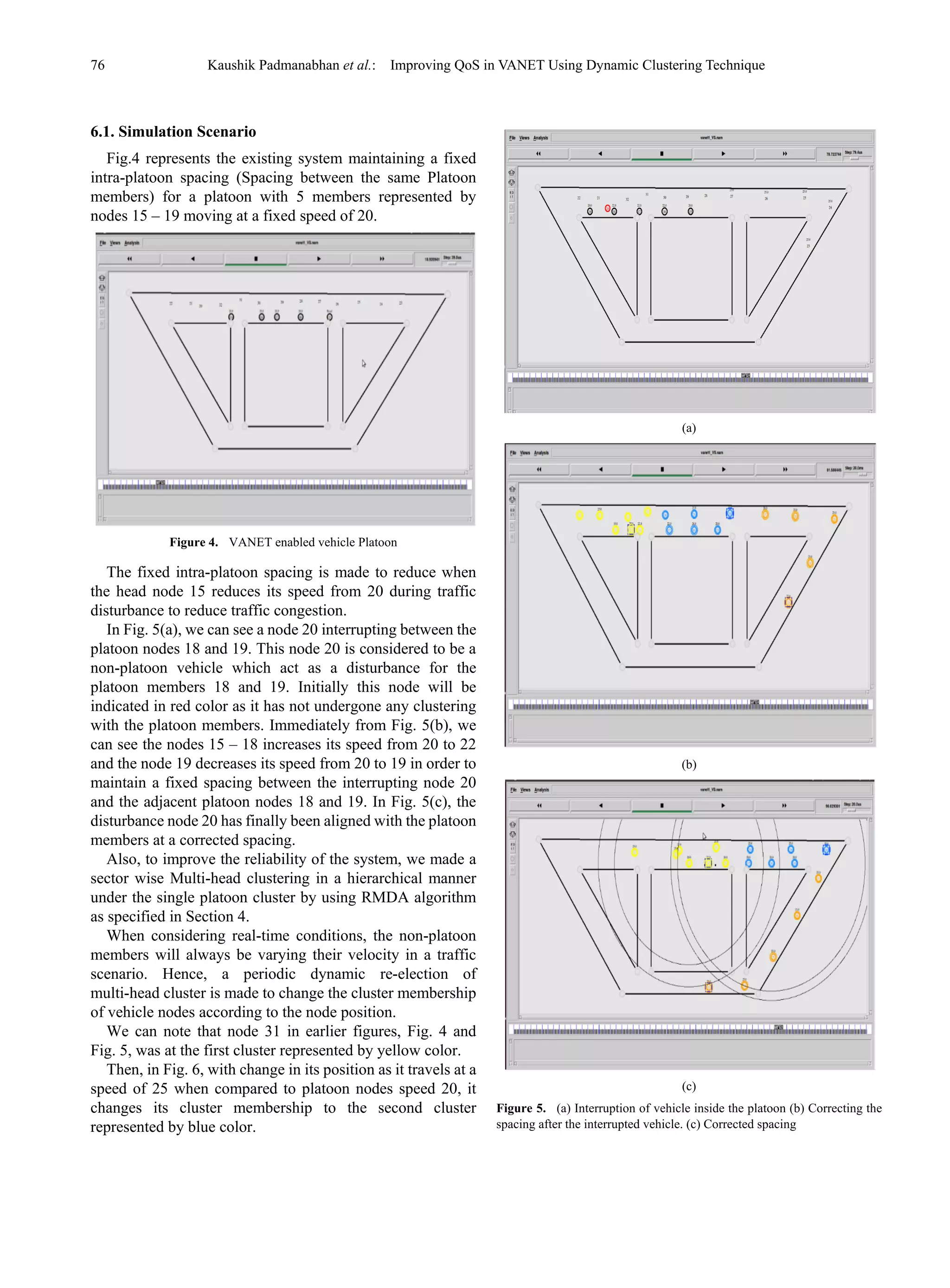 76 Kaushik Padmanabhan et al.: Improving QoS in VANET Using Dynamic Clustering Technique
6.1. Simulation Scenario
Fig.4 represents the existing system maintaining a fixed
intra-platoon spacing (Spacing between the same Platoon
members) for a platoon with 5 members represented by
nodes 15 – 19 moving at a fixed speed of 20.
Figure 4. VANET enabled vehicle Platoon
The fixed intra-platoon spacing is made to reduce when
the head node 15 reduces its speed from 20 during traffic
disturbance to reduce traffic congestion.
In Fig. 5(a), we can see a node 20 interrupting between the
platoon nodes 18 and 19. This node 20 is considered to be a
non-platoon vehicle which act as a disturbance for the
platoon members 18 and 19. Initially this node will be
indicated in red color as it has not undergone any clustering
with the platoon members. Immediately from Fig. 5(b), we
can see the nodes 15 – 18 increases its speed from 20 to 22
and the node 19 decreases its speed from 20 to 19 in order to
maintain a fixed spacing between the interrupting node 20
and the adjacent platoon nodes 18 and 19. In Fig. 5(c), the
disturbance node 20 has finally been aligned with the platoon
members at a corrected spacing.
Also, to improve the reliability of the system, we made a
sector wise Multi-head clustering in a hierarchical manner
under the single platoon cluster by using RMDA algorithm
as specified in Section 4.
When considering real-time conditions, the non-platoon
members will always be varying their velocity in a traffic
scenario. Hence, a periodic dynamic re-election of
multi-head cluster is made to change the cluster membership
of vehicle nodes according to the node position.
We can note that node 31 in earlier figures, Fig. 4 and
Fig. 5, was at the first cluster represented by yellow color.
Then, in Fig. 6, with change in its position as it travels at a
speed of 25 when compared to platoon nodes speed 20, it
changes its cluster membership to the second cluster
represented by blue color.
(a)
(b)
(c)
Figure 5. (a) Interruption of vehicle inside the platoon (b) Correcting the
spacing after the interrupted vehicle. (c) Corrected spacing
 
