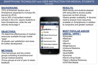 SMARTPHONE TECHNOLOGY and USER INSTRUCTION FOR MEDICAL STUDENTS
                                          Katie Seeler

BACKGROUND:                                              RESULTS:
•72% of American doctors use a                           •Both faculty and students pleased
Smartphone (expected to increase 8%                      with being able to access quality
percent by 2012)                                         resources via their phones
•Up to 30% of accredited medical                         •Desire greater availability  libraries’
schools in the U.S. require students to                  need to acquire more resources
have Smartphones, while the rest                         available on Smartphones in addition
actively encourage it                                    to computers and greater outreach


OBJECTIVES:                                              MOST POPULAR AND/OR
•To determine effectiveness of medical                   USEFUL “APPS”:
resources available through mobile                       •Epocrates
“apps”                                                   •MedCalc
•Evaluate user satisfaction and areas                    •OsiriX
for further development                                  •iMurmur
                                                         •Diagnosaurus
                                                         •Unbound Medicine
METHODS:                                                 •Skyscape
•Two test groups and two control                         •QuantiaMD
groups consisting of preclinical and                     •Eponyms
clinical medical students                                •Davis’s Drug Guide
•Focus groups at end of year to obtain                   •Taber’s Medical Dictionary
feedback                                                 •STAT!Ref Mobile
 