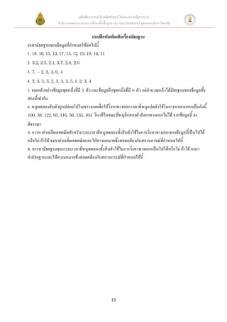 คู่มือสื่อการสอนวิชาคณิตศาสตร์ โดยความร่วมมือระหว่าง
                   สานักงานคณะกรรมการการศึกษาขั้นพื้นฐาน และ คณะวิทยาศาสตร์ จุฬาลงกรณ์มหาวิทยาลัย


                                      แบบฝึกหัดเพิ่มเติมเรื่องมัธยฐาน
จงหามัธยฐานของข้อมูลที่กาหนดให้ต่อไปนี้
1. 18, 10, 15, 13, 17, 15, 12, 15, 18, 16, 11
2. 3.2, 2.5, 2.1, 3.7, 2.8, 2.0
3. 7,   2, 3, 3, 0, 4
4. 2, 3, 5, 3, 2, 3, 4, 3, 5, 1, 2, 3, 4
5. จงยกตัวอย่างข้อมูลชุดหนึ่งที่มี 5 ตัว และข้อมูลอีกชุดหนึ่งที่มี 6 ตัว แต่คานวณแล้วได้มัธยฐานของข้อมูลทั้ง
สองนี้เท่ากัน
6. หนูทดลองสิบตัวถูกปล่อยไปในเขาวงกตเพื่อให้วิ่งหาทางออก เวลาที่หนูแปดตัวใช้ในการหาทางออกเป็นดังนี้
100, 38, 122, 95, 116, 56, 135, 104 วินาทีในขณะที่หนูอีกสองตัวยังหาทางออกไม่ได้ จากข้อมูลนี้ จง
พิจารณา
ก. การหาค่าเฉลี่ยเลขคณิตสาหรับระยะเวลาที่หนูทดลองทั้งสิบตัวใช้ในการวิ่งหาทางออกจากข้อมูลนี้เป็นไปได้
หรือไม่ ถ้าได้ จงหาค่าเฉลี่ยเลขคณิตและให้ความหมายซึ่งสอดคล้องกับสถานการณ์ที่กาหนดให้นี้
ข. หารหามัธยฐานของระยะเวลาที่หนูทดลองทั้งสิบตัวใช้ในการวิ่งหาทางออกเป็นไปได้หรือไม่ ถ้าได้ จงหา
ค่ามัธยฐานและให้ความหมายซึ่งสอดคล้องกับสถานการณ์ที่กาหนดให้นี้




                                                        13
 