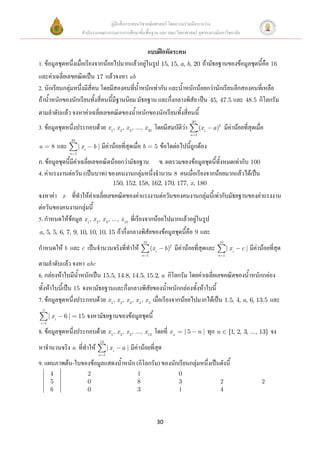 คู่มือสื่อการสอนวิชาคณิตศาสตร์ โดยความร่วมมือระหว่าง
                             สานักงานคณะกรรมการการศึกษาขั้นพื้นฐาน และ คณะวิทยาศาสตร์ จุฬาลงกรณ์มหาวิทยาลัย


                                                แบบฝึกหัดระคน
1. ข้อมูลชุดหนึ่งเมื่อเรียงจากน้อยไปมากแล้วอยู่ในรูป 15, 15, a, b, 20 ถ้ามัธยฐานของข้อมูลชุดนี้คือ 16
และค่าเฉลี่ยเลขคณิตเป็น 17 แล้วจงหา ab
2. นักเรียนกลุ่มหนึ่งมีสี่คน โดยมีสองคนที่น้าหนักเท่ากัน และน้าหนักน้อยกว่านักเรียนอีกสองคนที่เหลือ
ถ้าน้าหนักของนักเรียนทั้งสี่คนนี้มีฐานนิยม มัธยฐาน และกึ่งกลางพิสัย เป็น 45, 47.5 และ 48.5 กิโลกรัม
ตามลาดับแล้ว จงหาค่าเฉลี่ยเลขคณิตของน้าหนักของนักเรียนทั้งสี่คนนี้
                                                                                                   20
3. ข้อมูลชุดหนึ่งประกอบด้วย x 1, x 2, x 3, ..., x 20 โดยมีสมบัติว่า                                     (x i     a )2    มีค่าน้อยที่สุดเมื่อ
                                                                                                n 1
                      20
a        8     และ         | xi       b | มีค่าน้อยที่สุดเมื่อ b         5    ข้อใดต่อไปนี้ถูกต้อง
                     n 1

ก. ข้อมูลชุดนี้มีค่าเฉลี่ยเลขคณิตน้อยกว่ามัธยฐาน ข. ผลรวมของข้อมูลชุดนี้ทั้งหมดเท่ากับ 100
4. ค่าแรงงานต่อวัน (เป็นบาท) ของคนงานกลุ่มหนึ่งจานวน 8 คนเมื่อเรียงจากน้อยมากแล้วได้เป็น
                                                 150, 152, 158, 162, 170, 177, x, 180
จงหาค่า x ที่ทาให้ค่าเฉลี่ยเลขคณิตของค่าแรงงานต่อวันของคนงานกลุ่มนี้เท่ากับมัธยฐานของค่าแรงงาน
ต่อวันของคนงานกลุ่มนี้
5. กาหนดให้ข้อมูล x 1, x 2, x 3, ..., x 10 ที่เรียงจากน้อยไปมากแล้วอยู่ในรูป
a, 5, 5, 6, 7, 9, 10, 10, 10, 15                     ถ้ากึ่งกลางพิสัยของข้อมูลชุดนี้คือ 9 และ
                                                                 10                                                 10
กาหนดให้ b และ c เป็นจานวนจริงที่ทาให้                                 (x i        b)2   มีค่าน้อยที่สุดและ              | xi    c | มีค่าน้อยที่สุด
                                                                 n 1                                               n 1

ตามลาดับแล้ว จงหา abc
6. กล่องห้าใบมีน้าหนักเป็น 15.5, 14.8, 14.5, 15.2, a กิโลกรัม โดยค่าเฉลี่ยเลขคณิตของน้าหนักกล่อง
ทั้งห้าใบนี้เป็น 15 จงหามัธยฐานและกึ่งกลางพิสัยของน้าหนักกล่องทั้งห้าใบนี้
7. ข้อมูลชุดหนึ่งประกอบด้วย x 1, x 2, x 3, x 4 , x 5 เมื่อเรียงจากน้อยไปมากได้เป็น 1.5, 4, a, 6, 13.5 และ
    5
        | xi     6|        15     จงหามัธยฐานของข้อมูลชุดนี้
i 1

8. ข้อมูลชุดหนึ่งประกอบด้วย x 1, x 2, x 3, ..., x 13 โดยที่ x n                               |5        n|     ทุก n      {1, 2, 3, ..., 13}    จง
                                         13
หาจานวนจริง a ที่ทาให้                        | xi    a | มีค่าน้อยที่สุด
                                        n 1

9. แผนภาพต้น-ใบของข้อมูลแสดงน้าหนัก (กิโลกรัม) ของนักเรียนกลุ่มหนึ่งเป็นดังนี้
        4                         2                          1                            0
        5                         0                          8                            3                         2                       2
        6                         0                          3                            1                         4




                                                                              30
 