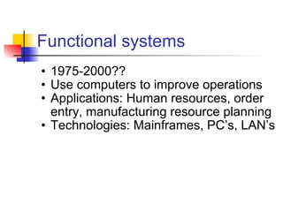 Functional systems 1975-2000?? Use computers to improve operations Applications: Human resources, order entry, manufacturing resource planning Technologies: Mainframes, PC’s, LAN’s 