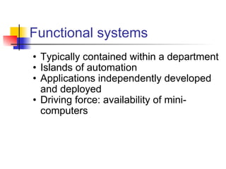Functional systems Typically contained within a department Islands of automation Applications independently developed and deployed Driving force: availability of mini-computers 