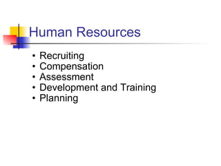 Human Resources Recruiting Compensation Assessment Development and Training Planning 