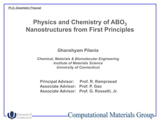 Physics and Chemistry of ABO3
Nanostructures from First Principles
Ghanshyam Pilania
Chemical, Materials & Biomolecular Engineering
Institute of Materials Science
University of Connecticut
Principal Advisor: Prof. R. Ramprasad
Associate Advisor: Prof. P. Gao
Associate Advisor: Prof. G. Rossetti, Jr.
Ph.D. Dissertation Proposal
 
