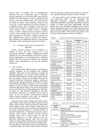 feature subset is excluded). This is computationally
infeasible even for a moderately large m. Therefore,
putting completeness of the search aside, many heuristic
methods have been proposed to find a sufficiently good
(but not necessarily optimal) subset. The whole process
of finding the feature subset typically consists of four
basic steps: 1) subset generation, 2) subset evaluation, 3)
a stopping criterion, and 4) validation of the results [5].
Feature subset generation is dependent on the state space
search strategy. After a strategy selects a candidate
subset, it will be evaluated using an evaluation criterion
in step 2. After repeating steps 1 and 2 for a number of
times depending on the process stopping criterion, the
best candidate feature subset is selected. This subset is
then validated on an independent dataset or using domain
knowledge, while considering the type of task at hand.
II. CLASSIFICATION OF FEATURE SELECTION
METHODS
Feature selection methods can be classified in a
number of ways. The most common one is the
classification into filters, wrappers, embedded, and hybrid
methods [6]. The abovementioned classification assumes
feature independency or near-independency. Additional
methods have been devised for datasets with structured
features where dependencies exist and for streaming
features [2].
A. Filter methods
Filter methods select features based on a performance
measure regardless of the employed data modeling
algorithm. Only after the best features are found, the
modeling algorithms can use them. Filter methods can
rank individual features or evaluate entire feature subsets.
We can roughly classify the developed measures for
feature filtering into: information, distance, consistency,
similarity, and statistical measures. While there are many
filter methods described in literature, a list of common
methods is given in Table I, along with the appropriate
references that provide details. Not all the filter features
can be used for all classes of data mining tasks. Therefore,
the filters are also classified depending on the task:
classification, regression or clustering. Due to lack of
space, we do not consider semi-supervised learning
feature selection methods in this work. An interested
reader is referred to [16] for more information.
Univariate feature filters evaluate (and usually rank) a
single feature, while multivariate filters evaluate an entire
feature subset. Feature subset generation for multivariate
filters depends on the search strategy. While there are
many search strategies, there are four usual starting points
for feature subset generation: 1) forward selection, 2)
backward elimination, 3) bidirectional selection, and 4)
heuristic feature subset selection. Forward selection
typically starts with an empty feature set and then
considers adding one or more features to the set.
Backward elimination typically starts with the whole
feature set and considers removing one or more features
from the set. Bidirectional search starts from both sides -
from an empty set and from the whole set, simultaneously
considering larger and smaller feature subsets. Heuristic
selection generates a starting subset based on a heuristic
(e.g. a genetic algorithm), and then explores it further.
The most common search strategies that can be used
with multivariate filters can be categorized into
exponential algorithms, sequential algorithms and
randomized algorithms. Exponential algorithms evaluate a
number of subsets that grows exponentially with the
feature space size. Sequential algorithms add or remove
features sequentially (one or few), which may lead to local
minima. Random algorithms incorporate randomness into
their search procedure, which avoids local minima [17].
Common search strategies are shown in Table II.
TABLE I. COMMON FILTER METHODS FOR FEATURE SELECTION
Name Filter class
Applicable to
task
Study
Information gain
univariate,
information
classification [6]
Gain ratio
univariate,
information
classification [7]
Symmetrical
uncertainty
univariate,
information
classification [8]
Correlation
univariate,
statistical
regression [8]
Chi-square
univariate,
statistical
classification [7]
Inconsistency criterion
multivariate,
consistency
classification [9]
Minimum redundancy,
maximum relevance
(mRmR)
multivariate,
information
classification,
regression
[2]
Correlation-based
feature selection (CFS)
multivariate,
statistical
classification,
regression
[7 ]
Fast correlation-based
filter (FCBF)
multivariate,
information
classification [8]
Fisher score
univariate,
statistical
classification [10]
Relief and ReliefF
univariate,
distance
classification,
regression
[11]
Spectral feature
selection (SPEC)
and Laplacian Score
(LS)
univariate,
similarity
classification,
clustering
[4]
Feature selection for
sparse clustering
multivariate,
similarity
clustering [12]
Localized Feature
Selection Based on
Scatter Separability
(LFSBSS)
multivariate,
statistical
clustering [13]
Multi-Cluster Feature
Selection (MCFS)
multivariate,
similarity
clustering [4]
Feature weighting K-
means
multivariate,
statistical
clustering [14]
ReliefC
univariate,
distance
clustering [15]
TABLE II. SEARCH STRATEGIES FOR FEATURE SELECTION
Algorithm
group
Algorithm name
Exponential
Exhaustive search
Branch-and-bound
Sequential
Greedy forward selection or backward elimination
Best-first
Linear forward selection
Floating forward or backward selection
Beam search (and beam stack search)
Race search
Randomized
Random generation
Simulated annealing
Evolutionary computation algorithms (e.g.
genetic, ant colony optimization)
Scatter search
 