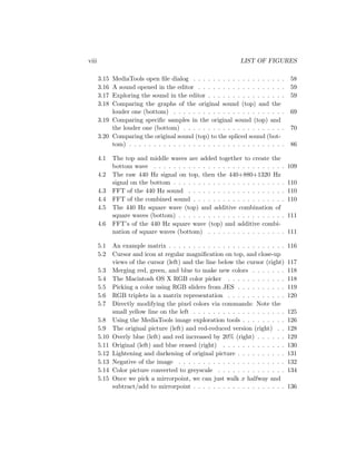 viii LIST OF FIGURES
3.15 MediaTools open ﬁle dialog . . . . . . . . . . . . . . . . . . . 58
3.16 A sound opened in the editor . . . . . . . . . . . . . . . . . . 59
3.17 Exploring the sound in the editor . . . . . . . . . . . . . . . . 59
3.18 Comparing the graphs of the original sound (top) and the
louder one (bottom) . . . . . . . . . . . . . . . . . . . . . . . 69
3.19 Comparing speciﬁc samples in the original sound (top) and
the louder one (bottom) . . . . . . . . . . . . . . . . . . . . . 70
3.20 Comparing the original sound (top) to the spliced sound (bot-
tom) . . . . . . . . . . . . . . . . . . . . . . . . . . . . . . . . 86
4.1 The top and middle waves are added together to create the
bottom wave . . . . . . . . . . . . . . . . . . . . . . . . . . . 109
4.2 The raw 440 Hz signal on top, then the 440+880+1320 Hz
signal on the bottom . . . . . . . . . . . . . . . . . . . . . . . 110
4.3 FFT of the 440 Hz sound . . . . . . . . . . . . . . . . . . . . 110
4.4 FFT of the combined sound . . . . . . . . . . . . . . . . . . . 110
4.5 The 440 Hz square wave (top) and additive combination of
square waves (bottom) . . . . . . . . . . . . . . . . . . . . . . 111
4.6 FFT’s of the 440 Hz square wave (top) and additive combi-
nation of square waves (bottom) . . . . . . . . . . . . . . . . 111
5.1 An example matrix . . . . . . . . . . . . . . . . . . . . . . . . 116
5.2 Cursor and icon at regular magniﬁcation on top, and close-up
views of the cursor (left) and the line below the cursor (right) 117
5.3 Merging red, green, and blue to make new colors . . . . . . . 118
5.4 The Macintosh OS X RGB color picker . . . . . . . . . . . . 118
5.5 Picking a color using RGB sliders from JES . . . . . . . . . . 119
5.6 RGB triplets in a matrix representation . . . . . . . . . . . . 120
5.7 Directly modifying the pixel colors via commands: Note the
small yellow line on the left . . . . . . . . . . . . . . . . . . . 125
5.8 Using the MediaTools image exploration tools . . . . . . . . . 126
5.9 The original picture (left) and red-reduced version (right) . . 128
5.10 Overly blue (left) and red increased by 20% (right) . . . . . . 129
5.11 Original (left) and blue erased (right) . . . . . . . . . . . . . 130
5.12 Lightening and darkening of original picture . . . . . . . . . . 131
5.13 Negative of the image . . . . . . . . . . . . . . . . . . . . . . 132
5.14 Color picture converted to greyscale . . . . . . . . . . . . . . 134
5.15 Once we pick a mirrorpoint, we can just walk x halfway and
subtract/add to mirrorpoint . . . . . . . . . . . . . . . . . . . 136
 