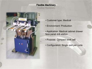 • Customer type: Medical
• Environment: Production
• Application: Medical cabinet drawer
face panel drill station
• Purpose: Compact work cell
• Configuration: Single part per cycle
 