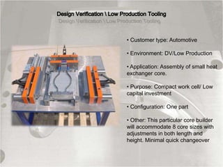 • Customer type: Automotive
• Environment: DV/Low Production
• Application: Assembly of small heat
exchanger core.
• Purpose: Compact work cell/ Low
capital investment
• Configuration: One part
• Other: This particular core builder
will accommodate 8 core sizes with
adjustments in both length and
height. Minimal quick changeover
 