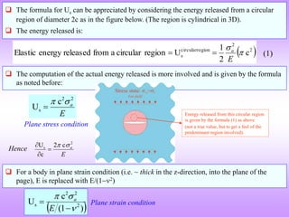  The computation of the actual energy released is more involved and is given by the formula
as noted before:
 The formula for Us can be appreciated by considering the energy released from a circular
region of diameter 2c as in the figure below. (The region is cylindrical in 3D).
 The energy released is:
 
2
2
region
circular
s c
2
1
U
region
circular
a
from
released
energy
Elastic 

E
a


E
a
2
2
s
c
U



Energy released from this circular region
is given by the formula (1) as above
(not a true value, but to get a feel of the
predominant region involved).
(1)
 For a body in plane strain condition (i.e. ~ thick in the z-direction, into the plane of the
page), E is replaced with E/(12)
 
)
1
(
c
U 2
2
2
s





E
a
Plane stress condition
Plane strain condition
E
a
2
s c
2
c
U 




Hence
 