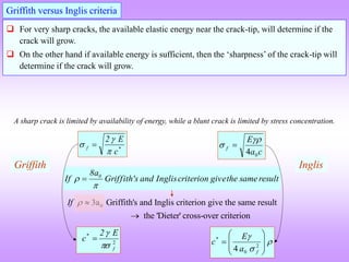 Griffith versus Inglis criteria
c
a
E
f
0
4

 
Inglis
*
f
c
E
2


 
Griffith
result
same
the
give
criterion
Inglis
and
s
Griffith'
8a
If 0

 
0
3a Griffith's and Inglis criterion give the same result
the 'Dieter' cross-over criterion
If  

2
f
* E
2
c


 


a
E
c
f








 2
0
*
4
 For very sharp cracks, the available elastic energy near the crack-tip, will determine if the
crack will grow.
 On the other hand if available energy is sufficient, then the ‘sharpness’ of the crack-tip will
determine if the crack will grow.
A sharp crack is limited by availability of energy, while a blunt crack is limited by stress concentration.
 