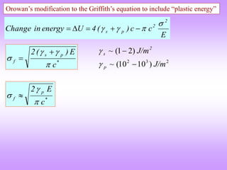 E
c
c
)
(
4
U
energy
in
Change
2
2
p
s



 




*
p
s
f
c
E
)
(
2






Orowan’s modification to the Griffith’s equation to include “plastic energy”
2
3
2
)
10
10
(
~
)
2
1
(
~
J/m
J/m
p
2
s




*
p
f
c
E
2


 
 