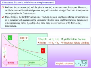  Both the fracture stress (f) and the yield stress (y) are temperature dependent. However,
as slip is a thermally activated process, the yield stress is a stronger function of temperature
as compared to the fracture stress.
 If one looks at the Griffith’s criterion of fracture, f has a slight dependence on temperature
as E increases with decreasing the temperature ( also has a slight temperature dependence,
which is ignored here). y on the other hand has a steeper increase with decreasing
temperature.
What causes the ductile to brittle transition phenomenon?

f
,

y
→
y
T →
f
DBTT
Ductile
Brittle
 Ductile  y < f  yields before fracture
 Brittle  y > f  fractures before yielding
*
f
c
E
2


 
Griffith’s criterion
 