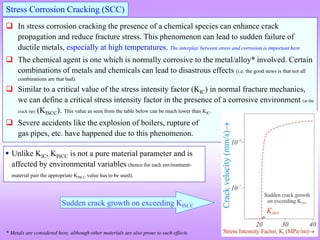  In stress corrosion cracking the presence of a chemical species can enhance crack
propagation and reduce fracture stress. This phenomenon can lead to sudden failure of
ductile metals, especially at high temperatures. The interplay between stress and corrosion is important here.
 The chemical agent is one which is normally corrosive to the metal/alloy* involved. Certain
combinations of metals and chemicals can lead to disastrous effects (i.e. the good news is that not all
combinations are that bad).
 Similar to a critical value of the stress intensity factor (KIC) in normal fracture mechanics,
we can define a critical stress intensity factor in the presence of a corrosive environment (at the
crack tip) (KISCC). This value as seen from the table below can be much lower than KIC.
 Severe accidents like the explosion of boilers, rupture of
gas pipes, etc. have happened due to this phenomenon.
Stress Corrosion Cracking (SCC)
* Metals are considered here, although other materials are also prone to such effects.
Sudden crack growth on exceeding KISCC
 Unlike KIC, KISCC is not a pure material parameter and is
affected by environmental variables (hence for each environment-
material pair the appropriate KISCC value has to be used).
 