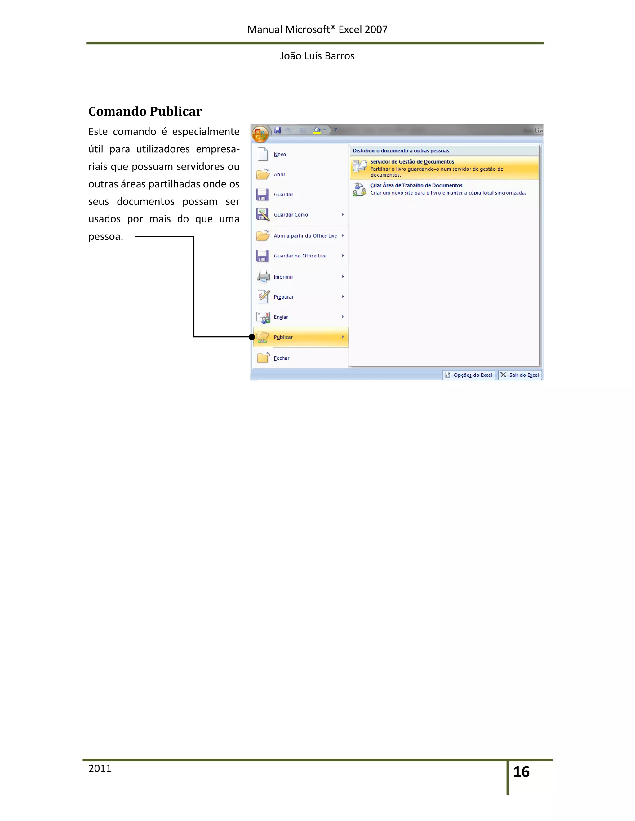 Manual Microsoft® Excel 2007
João Luís Barros
2011 16
Comando Publicar
Este comando é especialmente
útil para utilizadores empresa-
riais que possuam servidores ou
outras áreas partilhadas onde os
seus documentos possam ser
usados por mais do que uma
pessoa.
 