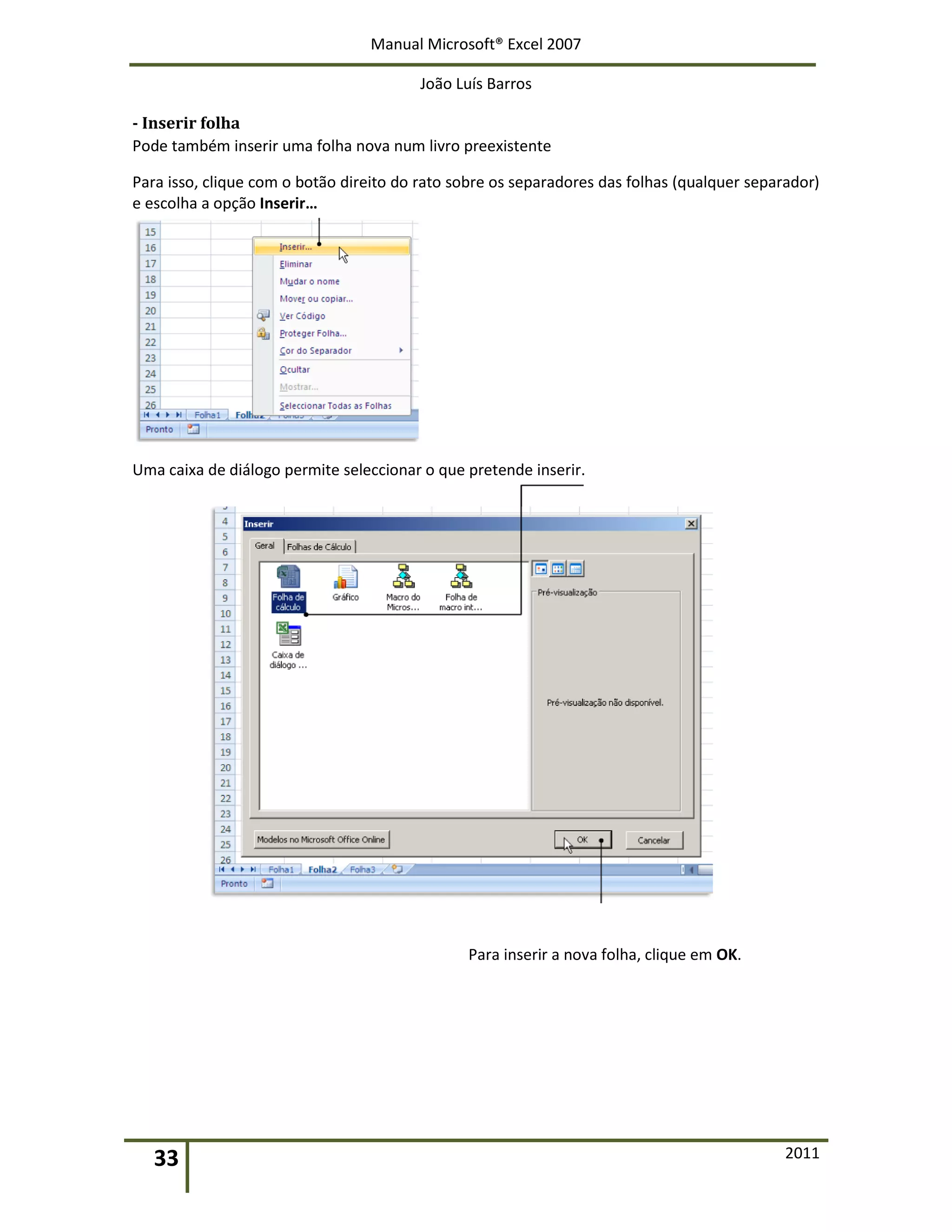 Manual Microsoft® Excel 2007
João Luís Barros
33 2011
- Inserir folha
Pode também inserir uma folha nova num livro preexistente
Para isso, clique com o botão direito do rato sobre os separadores das folhas (qualquer separador)
e escolha a opção Inserir…
Uma caixa de diálogo permite seleccionar o que pretende inserir.
Para inserir a nova folha, clique em OK.
 