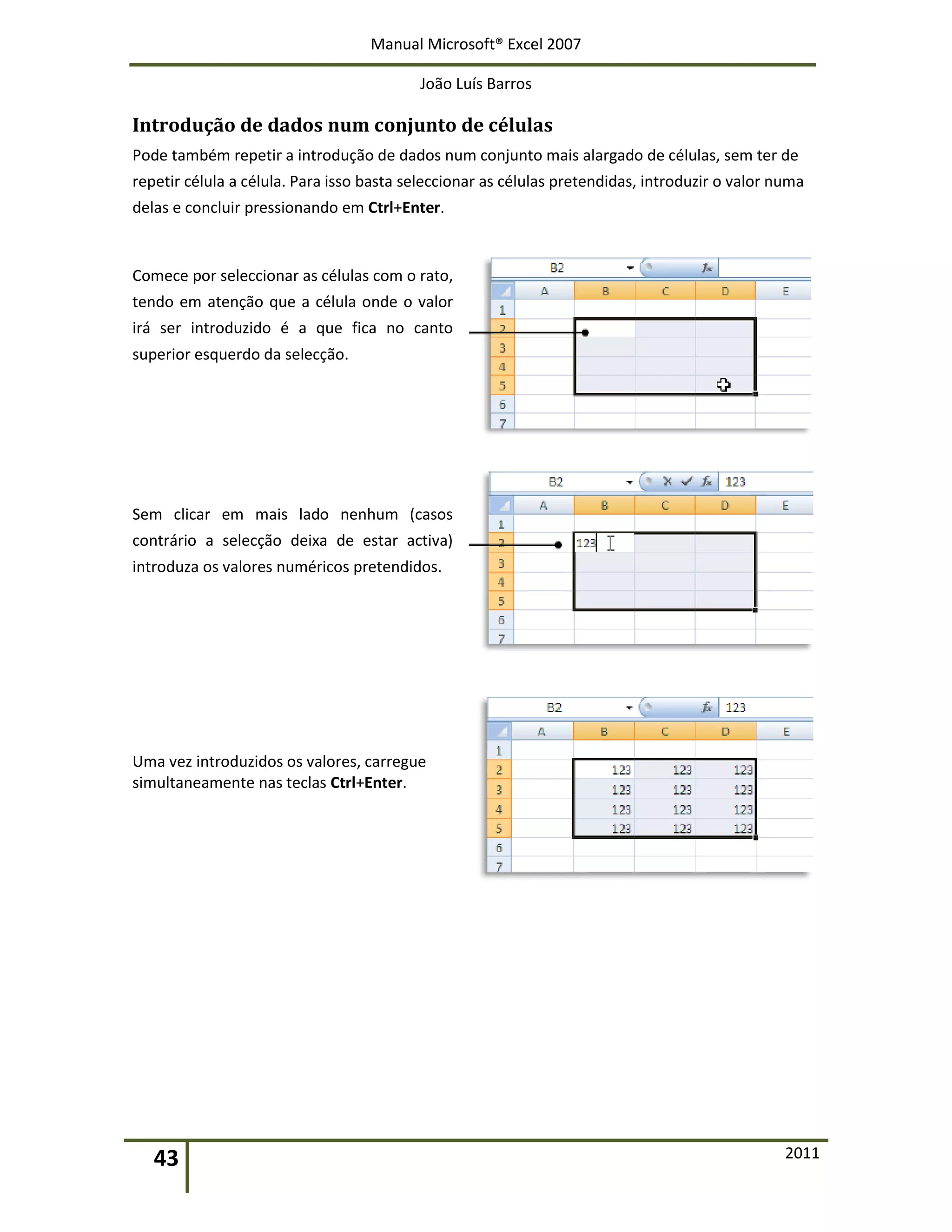 Manual Microsoft® Excel 2007
João Luís Barros
43 2011
Introdução de dados num conjunto de células
Pode também repetir a introdução de dados num conjunto mais alargado de células, sem ter de
repetir célula a célula. Para isso basta seleccionar as células pretendidas, introduzir o valor numa
delas e concluir pressionando em Ctrl+Enter.
Comece por seleccionar as células com o rato,
tendo em atenção que a célula onde o valor
irá ser introduzido é a que fica no canto
superior esquerdo da selecção.
Sem clicar em mais lado nenhum (casos
contrário a selecção deixa de estar activa)
introduza os valores numéricos pretendidos.
Uma vez introduzidos os valores, carregue
simultaneamente nas teclas Ctrl+Enter.
 