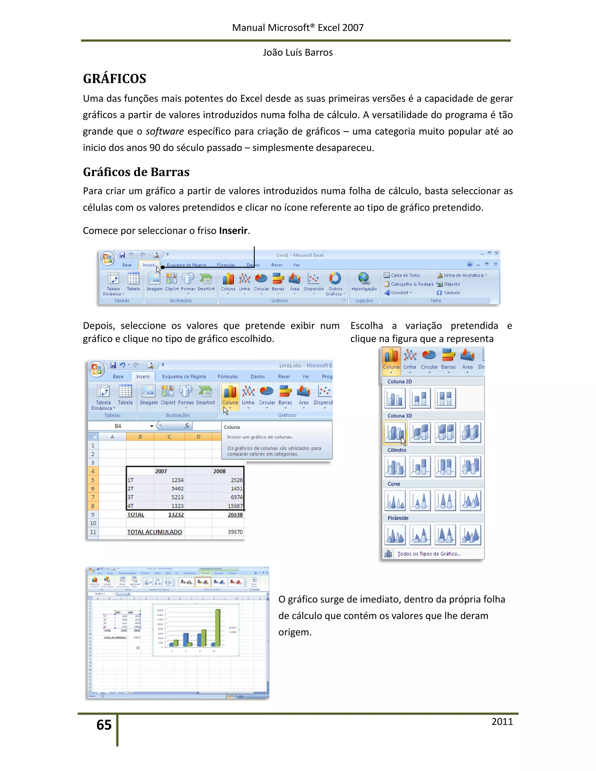 Manual Microsoft® Excel 2007
João Luís Barros
65 2011
GRÁFICOS
Uma das funções mais potentes do Excel desde as suas primeiras versões é a capacidade de gerar
gráficos a partir de valores introduzidos numa folha de cálculo. A versatilidade do programa é tão
grande que o software específico para criação de gráficos – uma categoria muito popular até ao
inicio dos anos 90 do século passado – simplesmente desapareceu.
Gráficos de Barras
Para criar um gráfico a partir de valores introduzidos numa folha de cálculo, basta seleccionar as
células com os valores pretendidos e clicar no ícone referente ao tipo de gráfico pretendido.
Comece por seleccionar o friso Inserir.
Depois, seleccione os valores que pretende exibir num
gráfico e clique no tipo de gráfico escolhido.
Escolha a variação pretendida e
clique na figura que a representa
O gráfico surge de imediato, dentro da própria folha
de cálculo que contém os valores que lhe deram
origem.
 