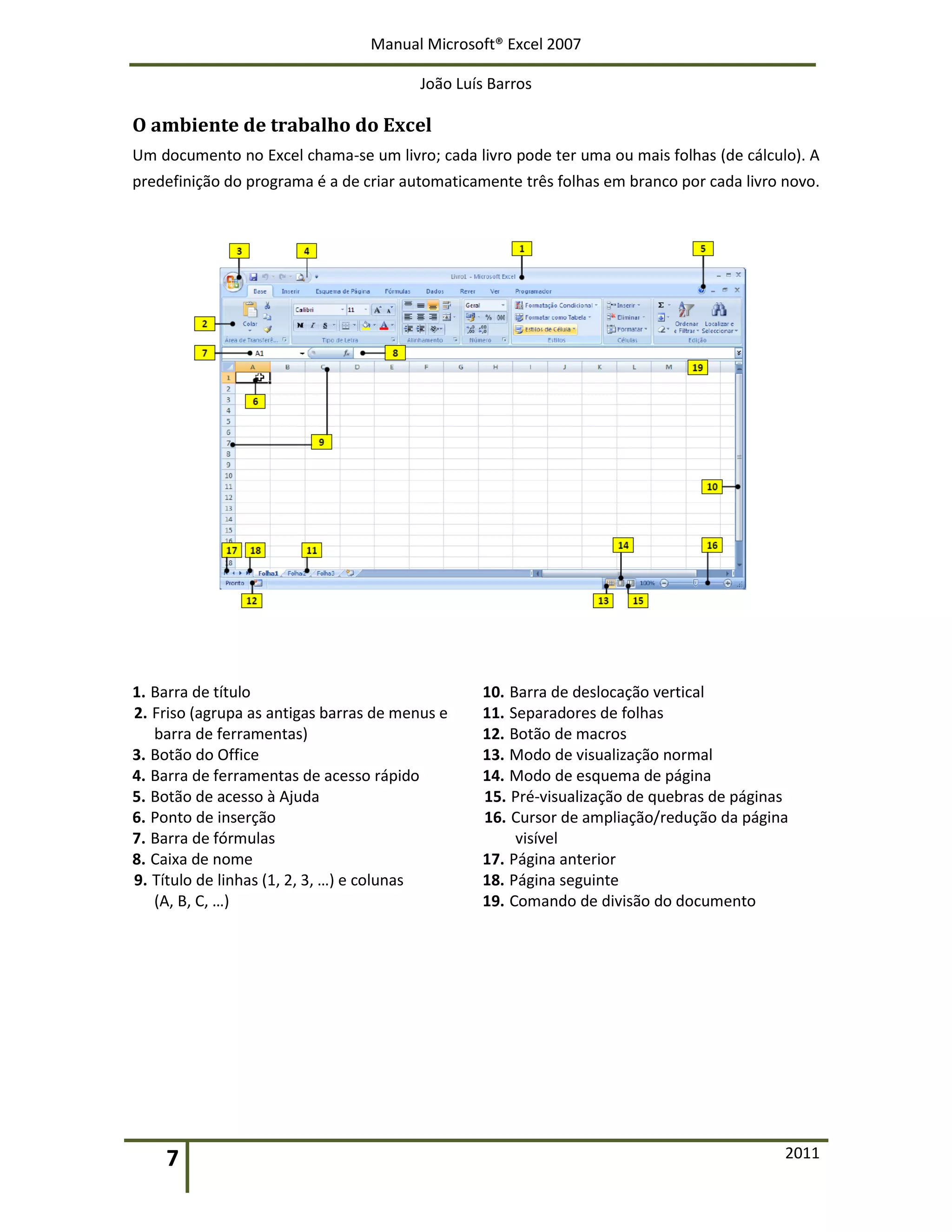 Manual Microsoft® Excel 2007
João Luís Barros
7 2011
O ambiente de trabalho do Excel
Um documento no Excel chama-se um livro; cada livro pode ter uma ou mais folhas (de cálculo). A
predefinição do programa é a de criar automaticamente três folhas em branco por cada livro novo.
1. Barra de título
2. Friso (agrupa as antigas barras de menus e
barra de ferramentas)
3. Botão do Office
4. Barra de ferramentas de acesso rápido
5. Botão de acesso à Ajuda
6. Ponto de inserção
7. Barra de fórmulas
8. Caixa de nome
9. Título de linhas (1, 2, 3, …) e colunas
(A, B, C, …)
10. Barra de deslocação vertical
11. Separadores de folhas
12. Botão de macros
13. Modo de visualização normal
14. Modo de esquema de página
15. Pré-visualização de quebras de páginas
16. Cursor de ampliação/redução da página
visível
17. Página anterior
18. Página seguinte
19. Comando de divisão do documento
 