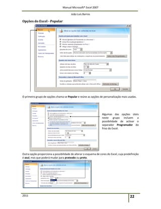 Manual Microsoft® Excel 2007
João Luís Barros
2011 22
Opções do Excel - Popular
O primeiro grupo de opções chama-se Popular e reúne as opções de personalização mais usadas.
Algumas das opções úteis
neste grupo incluem a
possibilidade de activar o
separador Programador do
friso do Excel.
Outra opção proporciona a possibilidade de alterar o esquema de cores do Excel, cuja predefinição
é azul, mas que poderá mudar para prateado ou preto.
 