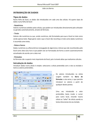 Manual Microsoft® Excel 2007
João Luís Barros
2011 42
INTRODUÇÃO DE DADOS
Tipos de dados
Numa folha de Excel, os dados são introduzidos em cada uma das células. Há quatro tipos de
dados numa folha de Excel:
- Numéricos
Valores numéricos exibidos pelas células, que podem ser introduzidos directamente pelo utilizador
ou gerados automaticamente, através de fórmulas.
- Texto
Valores não numéricos ou que, sendo numéricos, são formatados para que o Excel os trate como
sendo apenas texto. Regra geral, tudo o que o Excel não reconheça e trate como dados numéricos
é assumido como texto.
- Datas e horas
Dados numéricos ou alfanuméricos (conjugação de algarismos e letras) que são reconhecidos pelo
Excel como data e/ou hora e que podem ate ser formatados de forma a serem automaticamente
actualizados de acordo com a data real.
- Fórmulas
As fórmulas são o aspecto mais importante do Excel, pois é através delas que realizamos cálculos.
Introdução de dados
Introduzir dados numa célula é simples: seleccione a célula pretendida com o rato ou teclado e
tecle os valores pretendidos.
Os valores introduzidos na célula
surgem também na Barra de
fórmulas e vice-versa, o que permite
introduzir os valores a partir de
qualquer destes pontos.
Uma vez introduzido o valor
pretendido, basta mudar o cursor
para outro local, clicando noutra
célula ou “saltar” de célula usando as
teclas direccionais do seu teclado.
 